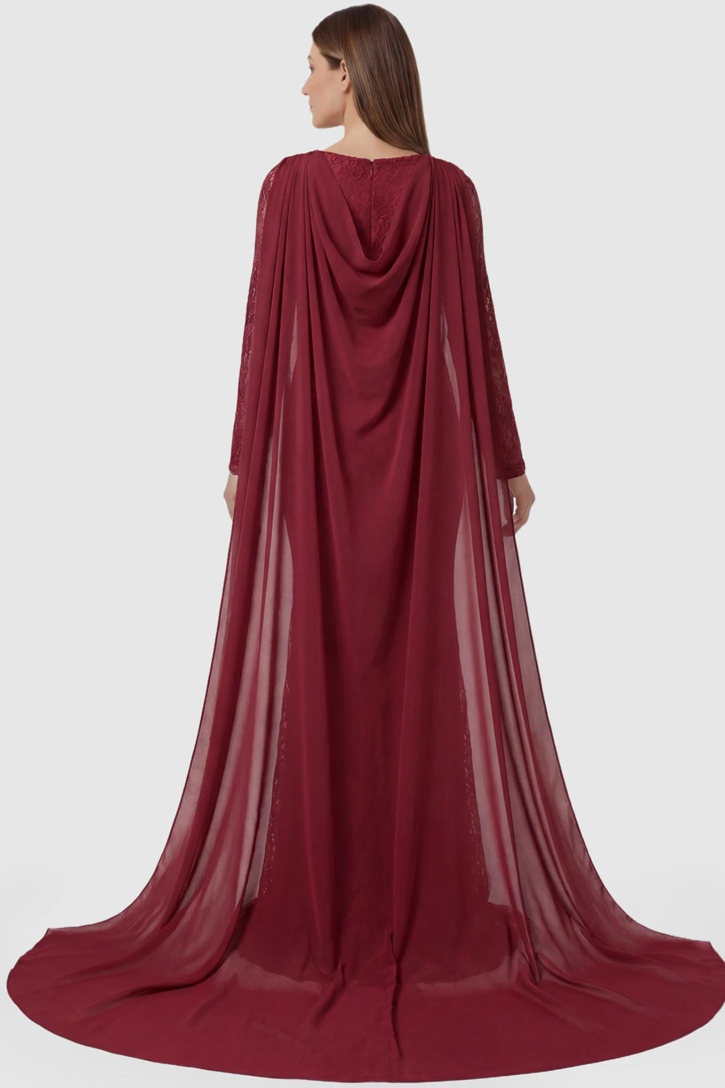 Lace & Chiffon Spliced Long Sleeve Maternity Photoshoot Gown Lace & Chiffon Spliced Maternity Photoshoot Gown in Wine Red featuring a flowing chiffon train on a pregnant model back view.