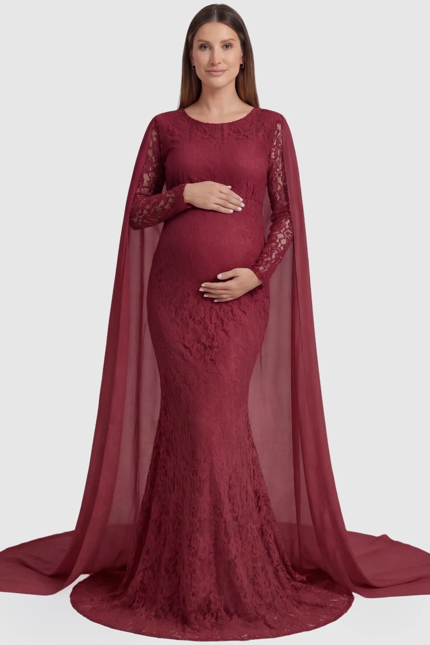 Lace & Chiffon Spliced Long Sleeve Maternity Photoshoot Gown Lace & Chiffon Spliced Maternity Photoshoot Gown in Wine Red featuring a floral lace bodice on a pregnant model front view.
