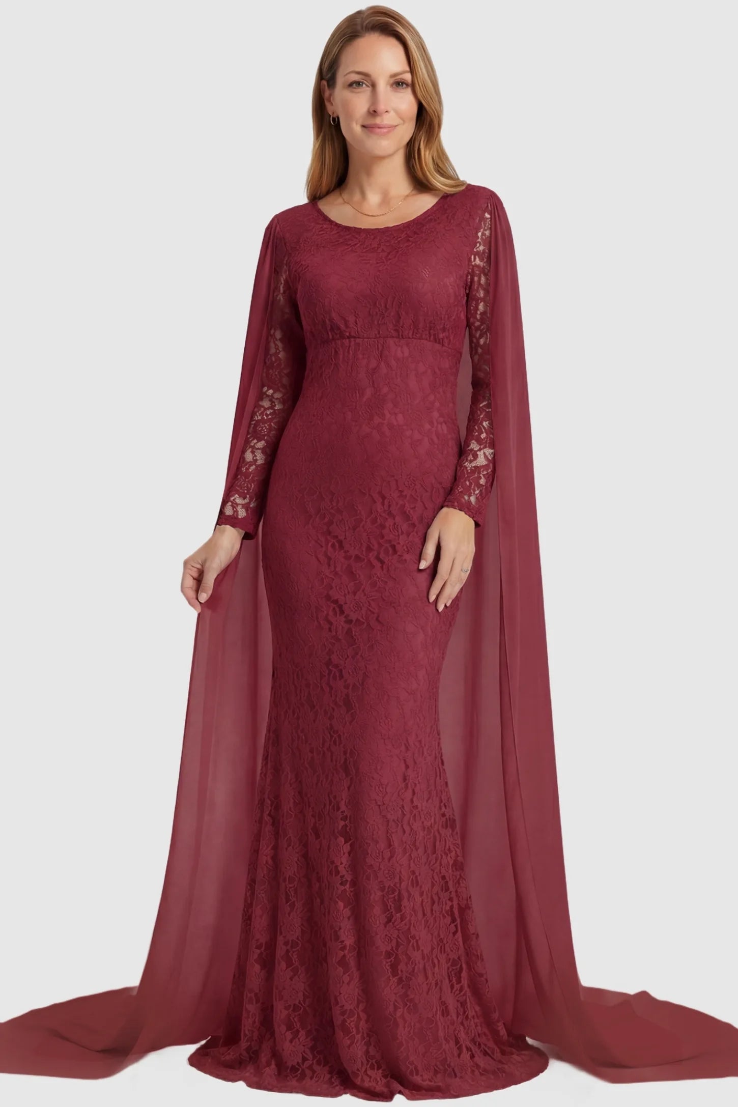 Lace & Chiffon Spliced Long Sleeve Maternity Photoshoot Gown Lace & Chiffon Spliced Maternity Photoshoot Gown in Wine Red featuring fitted long lace sleeves on a non pregnant model front.