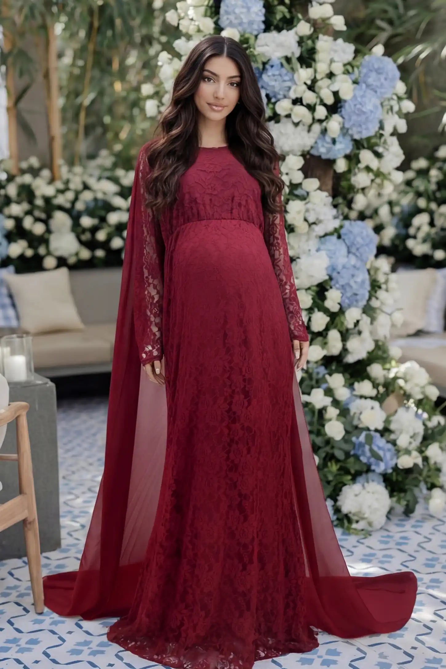 Lace & Chiffon Spliced Long Sleeve Maternity Photoshoot Gown Lace & Chiffon Spliced Maternity Photoshoot Gown in Wine Red featuring a floral lace bodice on a pregnant model front view.