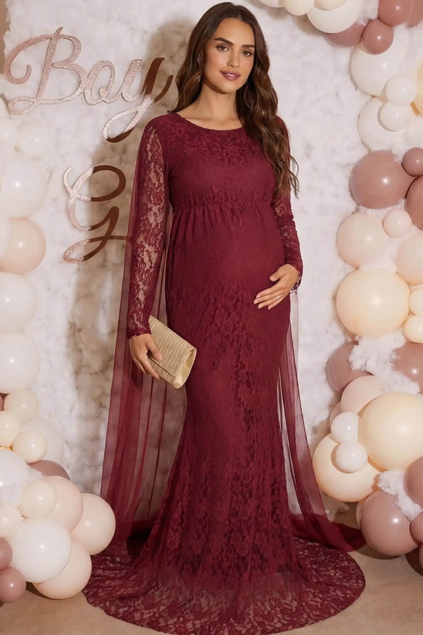 Lace & Chiffon Spliced Long Sleeve Maternity Photoshoot Gown Lace & Chiffon Spliced Maternity Photoshoot Gown in Wine Red featuring a floral lace bodice on a pregnant model front view.