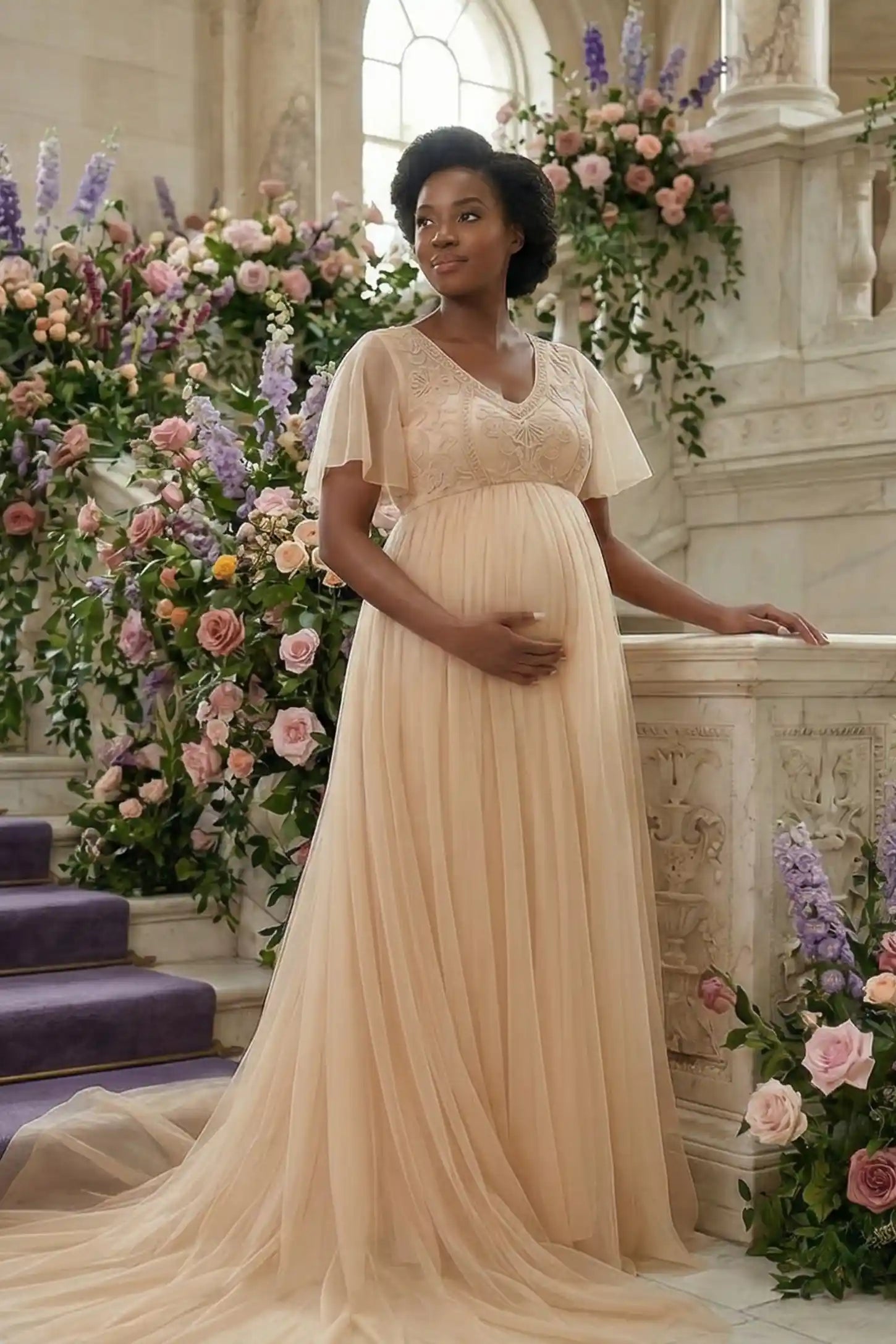 Lace embroidered short flutter sleeve maxi maternity gown in apricot with embroidered lace and long-train, editorial lifestyle model