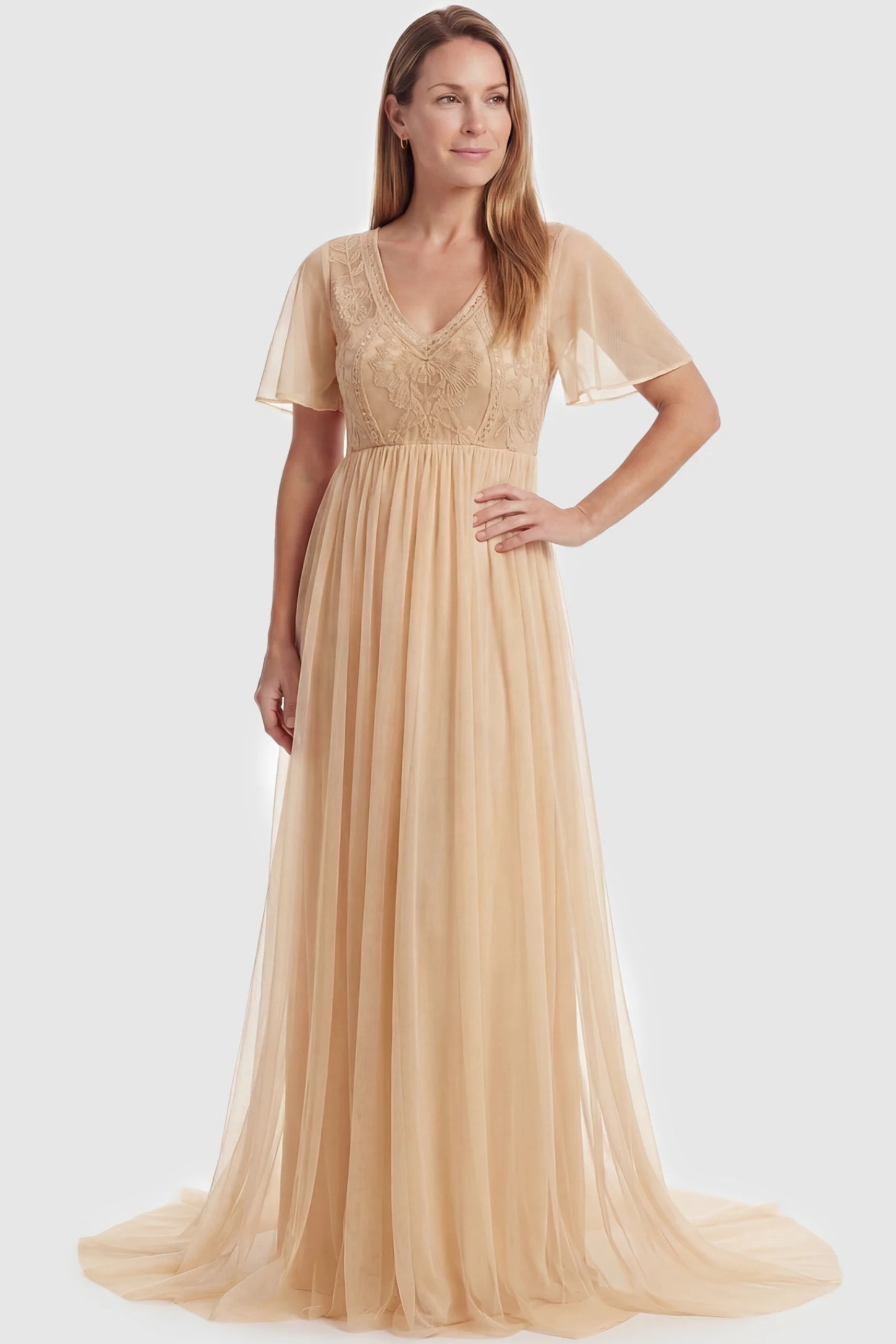 Lace Embroidered Short Flutter Sleeve Maxi Maternity Gown Lace embroidered short flutter sleeve maxi maternity gown in apricot featuring delicate lace embroidery in front view on a postpartum model