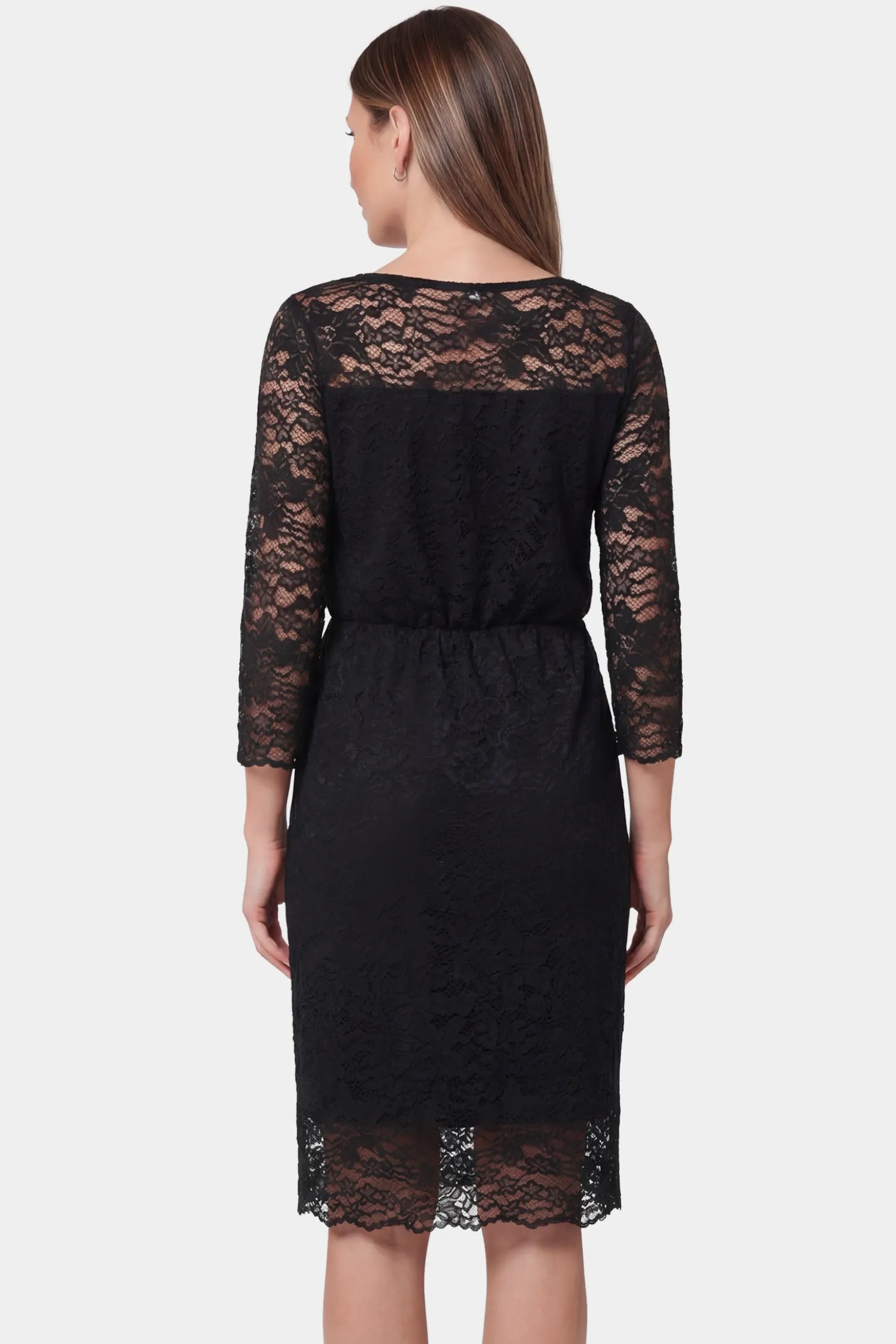 Lace Mid-Length Sleeve Midi Maternity & Nursing Dress Lace mid-length sleeve midi maternity and nursing dress in black featuring mid-length sleeves in back view on a pregnant model