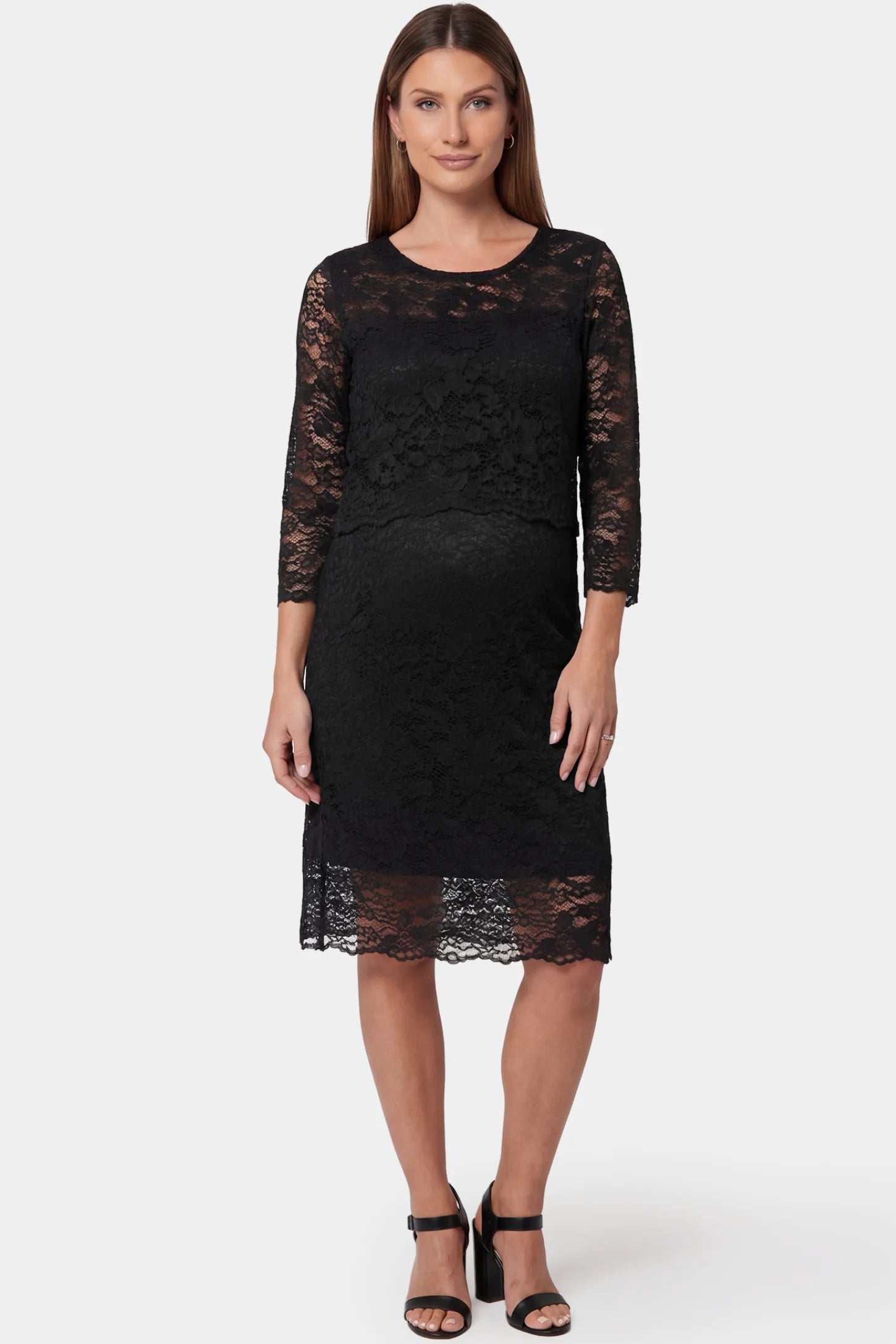 Lace Mid-Length Sleeve Midi Maternity & Nursing Dress Lace mid-length sleeve midi maternity and nursing dress in black featuring elegant silhouette in full body view on a pregnant model