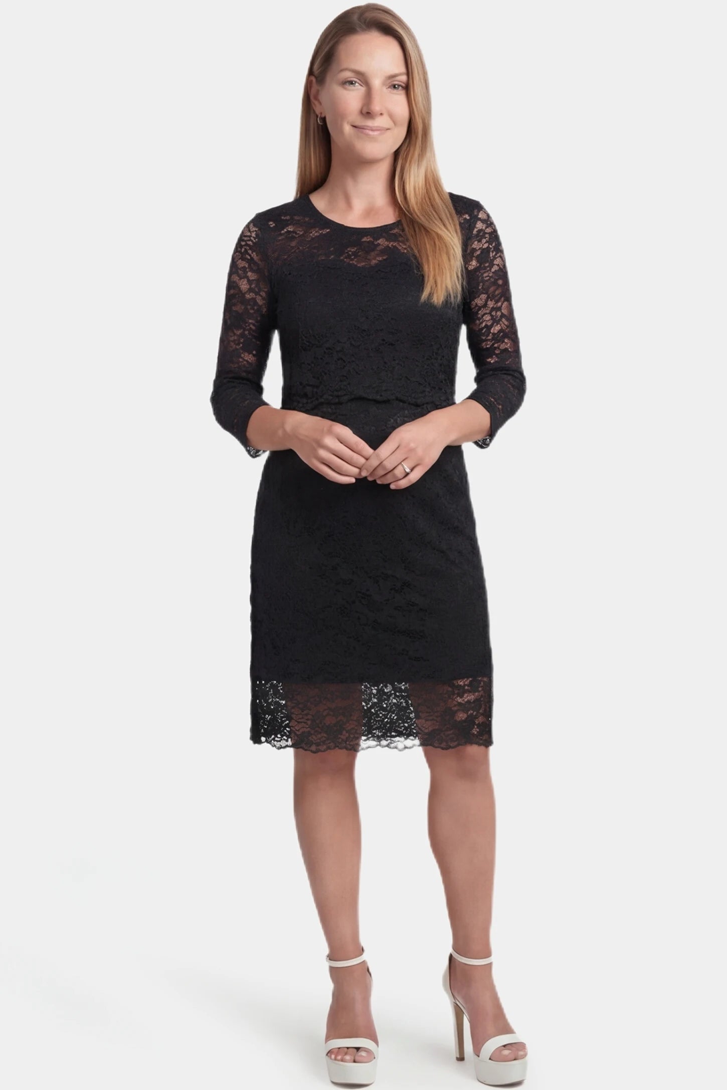 Lace Mid-Length Sleeve Midi Maternity & Nursing Dress Lace mid-length sleeve midi maternity and nursing dress in black featuring refined lace detailing in front view on a postpartum model
