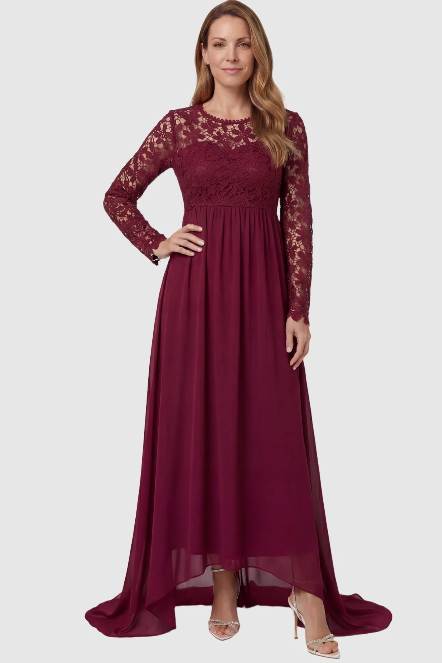 Lace Long Sleeve Full Skirt Maxi Maternity Dress Lace long sleeve full skirt maxi maternity dress in burgundy featuring empire waist in full body front view on a postpartum model