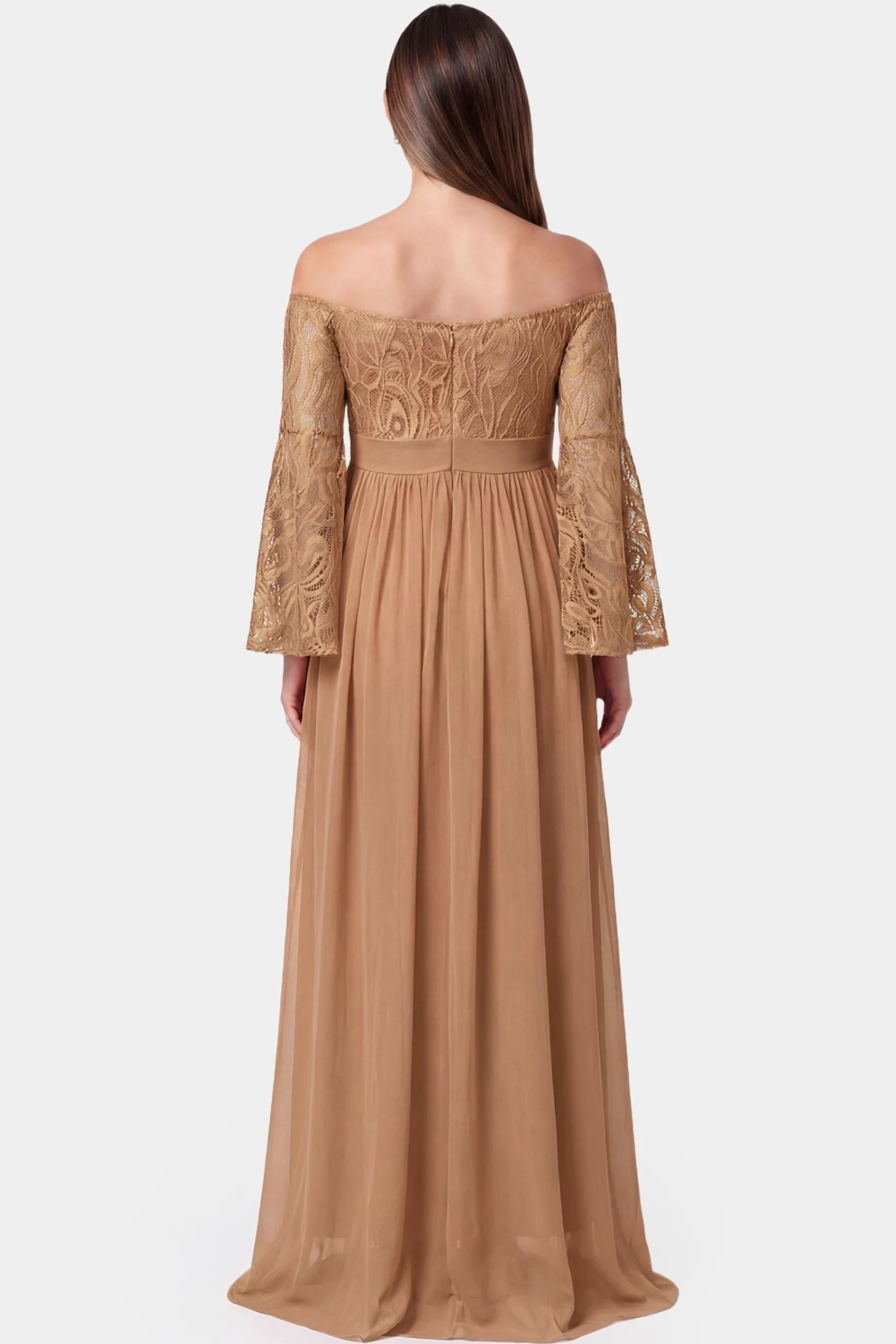 Lace-Spliced Off-Shoulder Flutter Sleeve Maxi Maternity Dress Lace-spliced off-shoulder flutter sleeve maxi maternity dress in coffee featuring flutter sleeve design in back view on a pregnant model