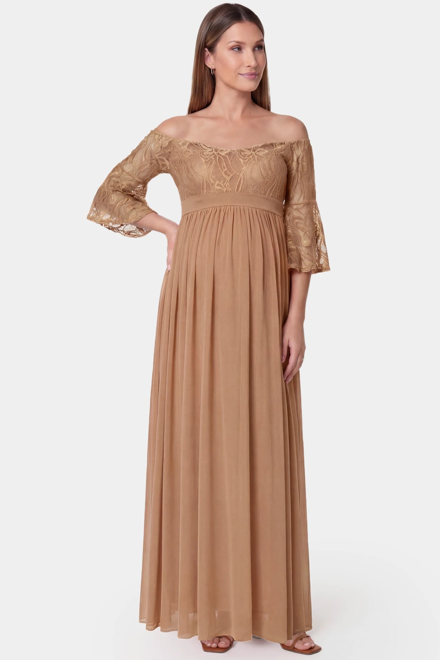 Lace-Spliced Off-Shoulder Flutter Sleeve Maxi Maternity Dress Lace-spliced off-shoulder flutter sleeve maxi maternity dress in coffee featuring romantic lace detailing and off-shoulder in front view on a pregnant model
