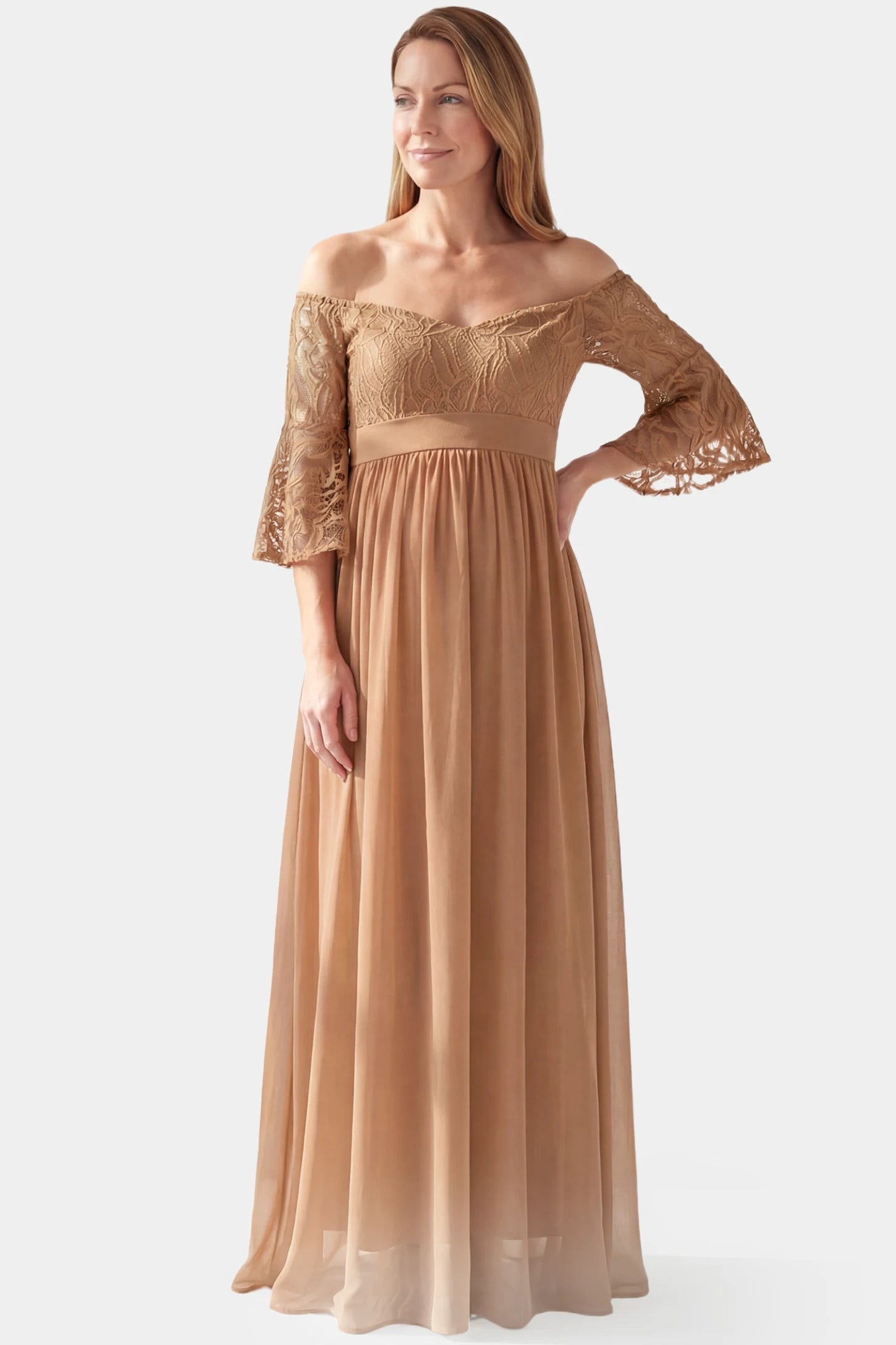Lace-Spliced Off-Shoulder Flutter Sleeve Maxi Maternity Dress Lace-spliced off-shoulder flutter sleeve maxi maternity dress in coffee featuring romantic lace detailing and off-shoulder in front view on a postpartum model
