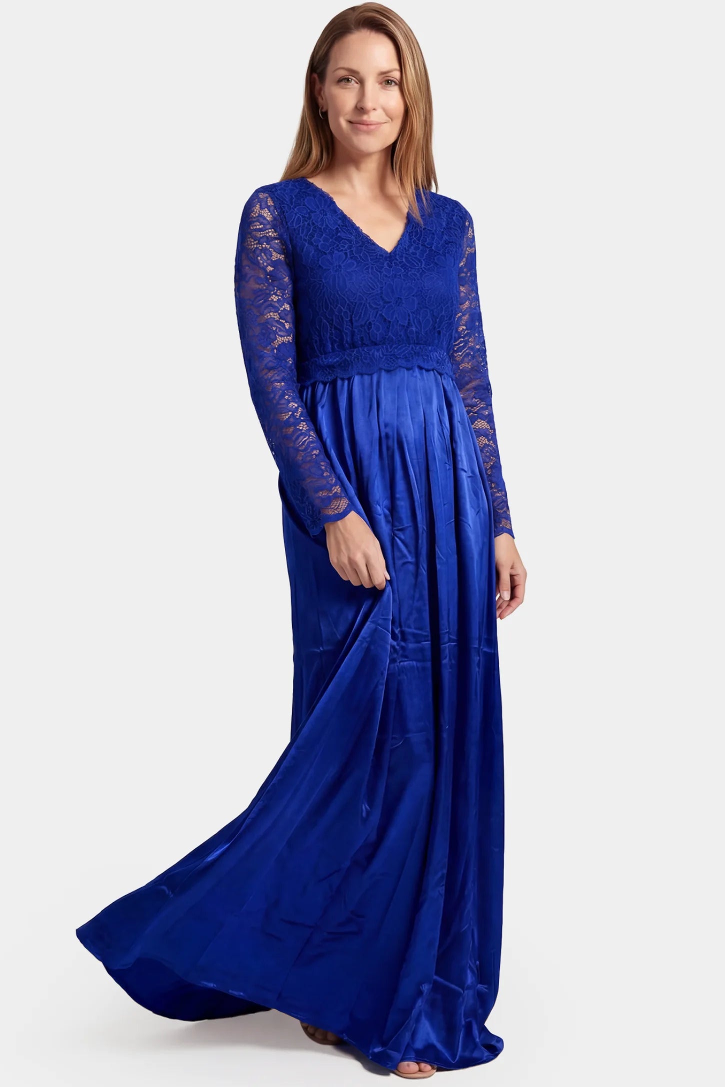 Lace-Spliced Silk Long Sleeve Maxi Maternity Dress Lace-spliced silk long sleeve maxi maternity dress in blue featuring trailing skirt in full body front view on a postpartum model