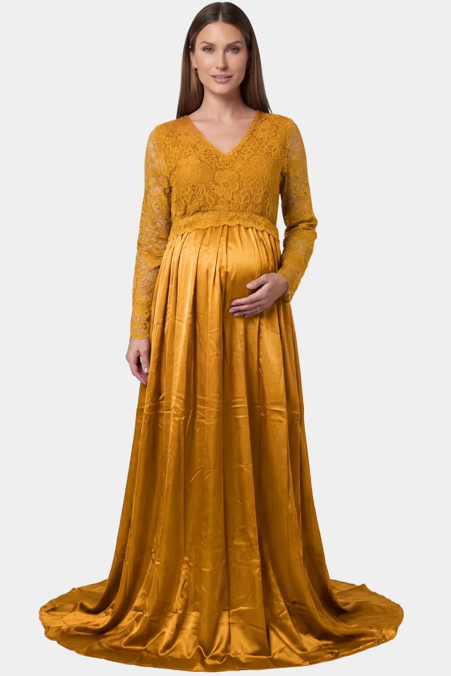 Lace-Spliced Silk Long Sleeve Maxi Maternity Dress Lace-spliced silk long sleeve maxi maternity dress in gold featuring trailing skirt in full body front view on a pregnant model