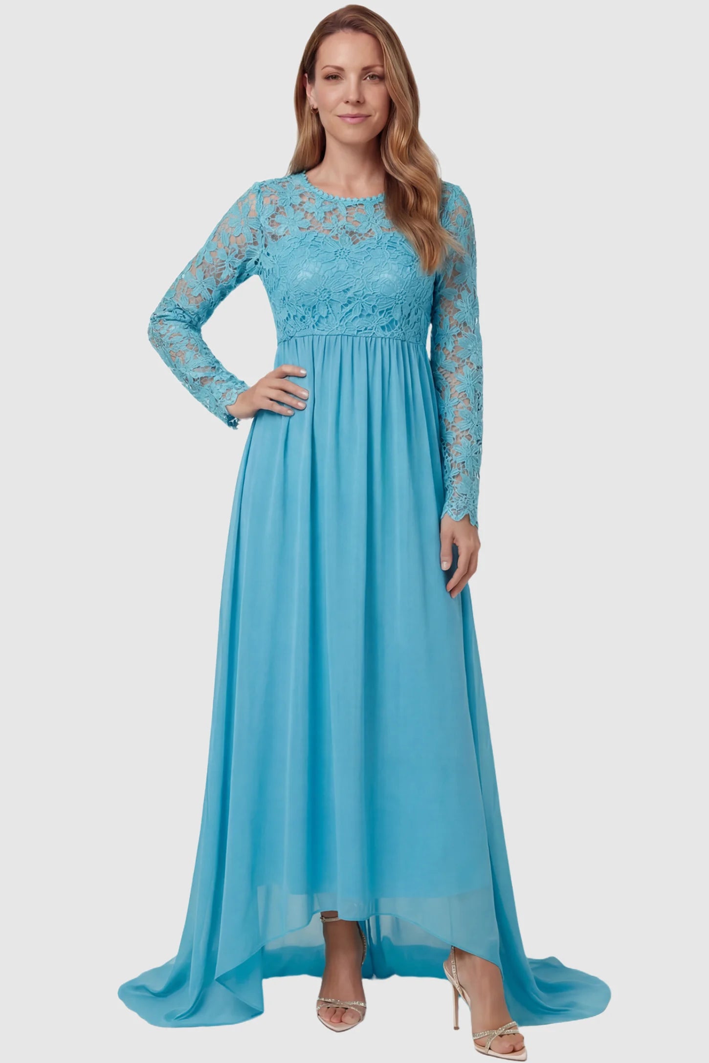 Lace Long Sleeve Full Skirt Maxi Maternity Dress Lace long sleeve full skirt maxi maternity dress in light blue featuring empire waist in full body front view on a postpartum model