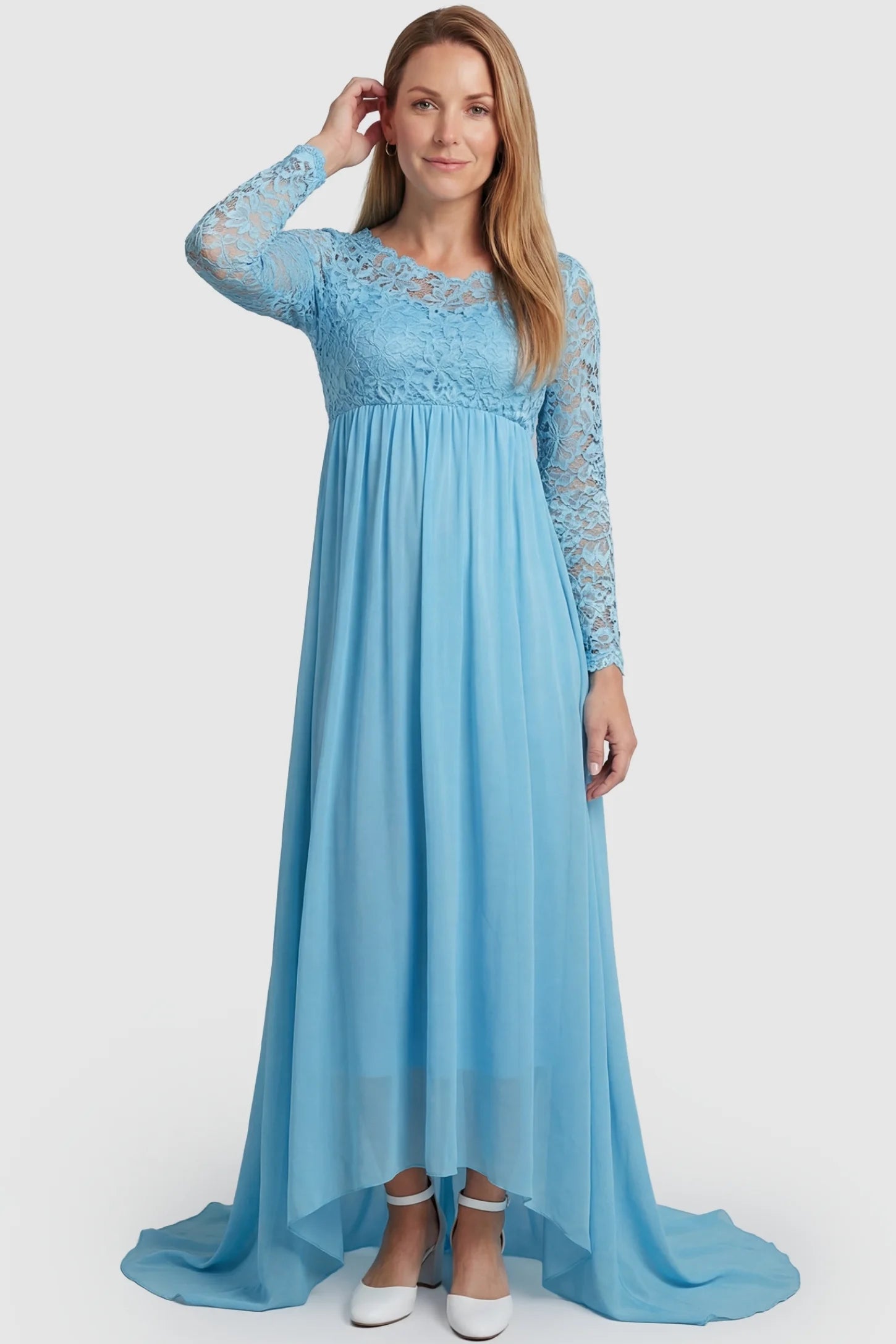 Lace Long Sleeve Full Skirt Maxi Maternity Dress Lace long sleeve full skirt maxi maternity dress in light blue featuring empire waist in full body front view on a postpartum model