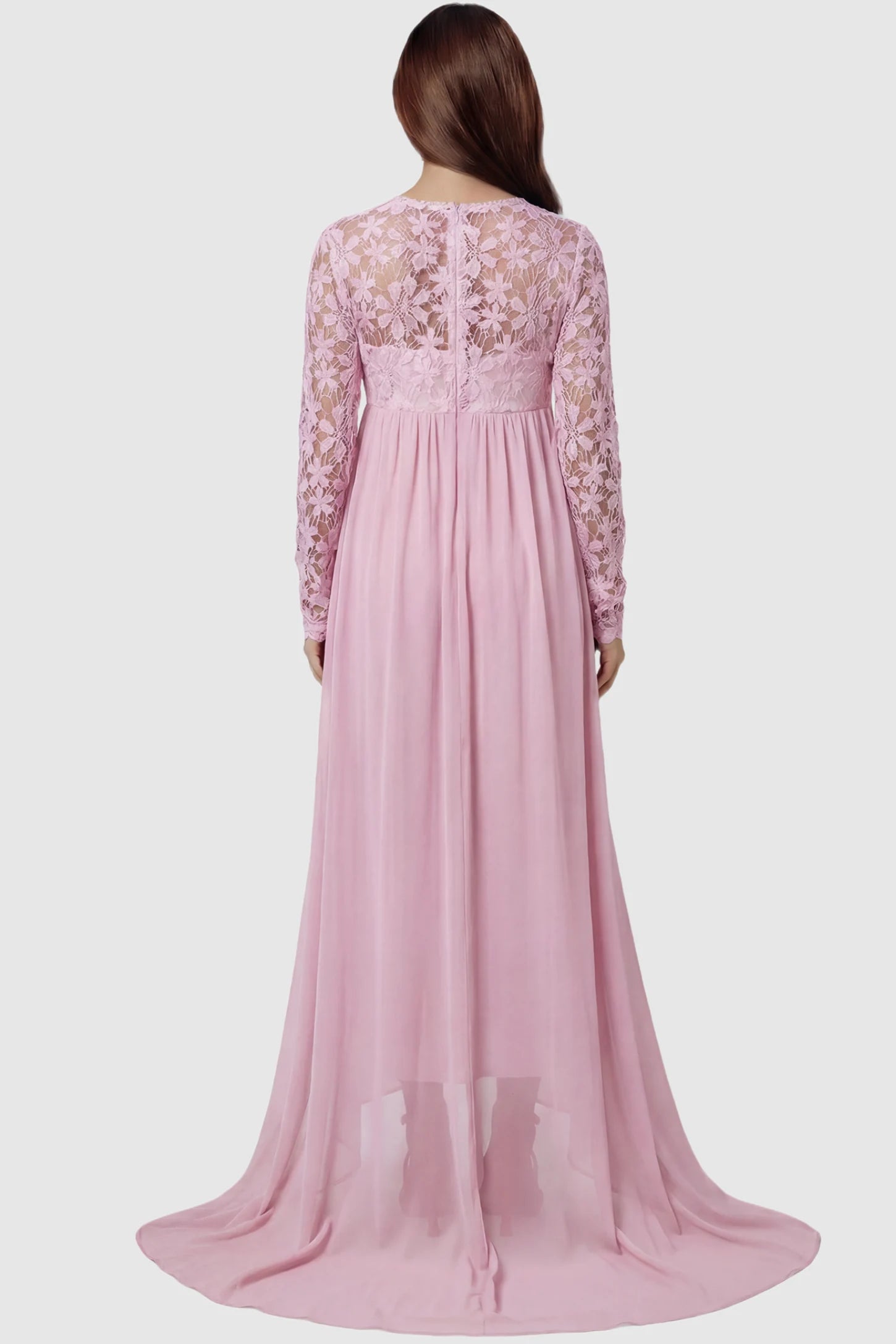 Lace Long Sleeve Full Skirt Maxi Maternity Dress Lace long sleeve full skirt maxi maternity dress in pink featuring long train in full body back view on a pregnant model