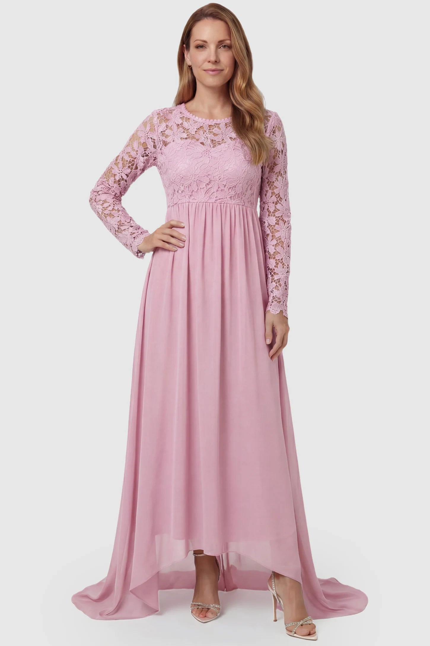 Lace Long Sleeve Full Skirt Maxi Maternity Dress Lace long sleeve full skirt maxi maternity dress in pink featuring empire waist in full body front view on a postpartum model