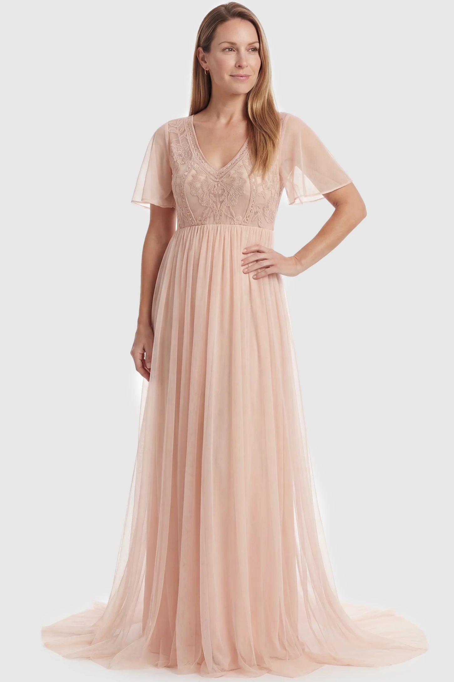 Lace Embroidered Short Flutter Sleeve Maxi Maternity Gown Lace embroidered short flutter sleeve maxi maternity gown in pink featuring delicate lace embroidery in front view on a postpartum model