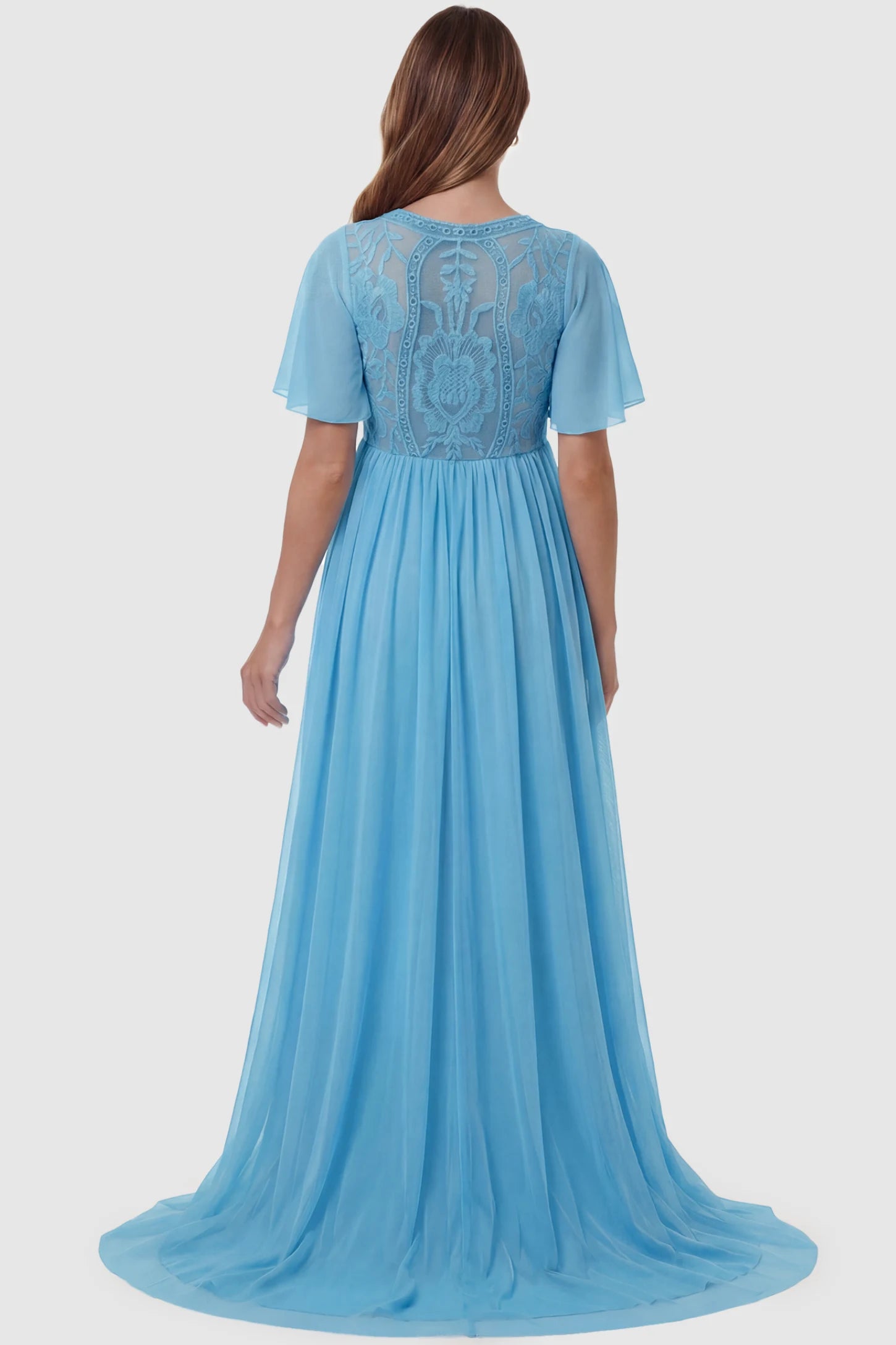 Lace Embroidered Short Flutter Sleeve Maxi Maternity Gown Lace embroidered short flutter sleeve maxi maternity gown in sky blue featuring short flutter sleeve detail in back view on a pregnant model