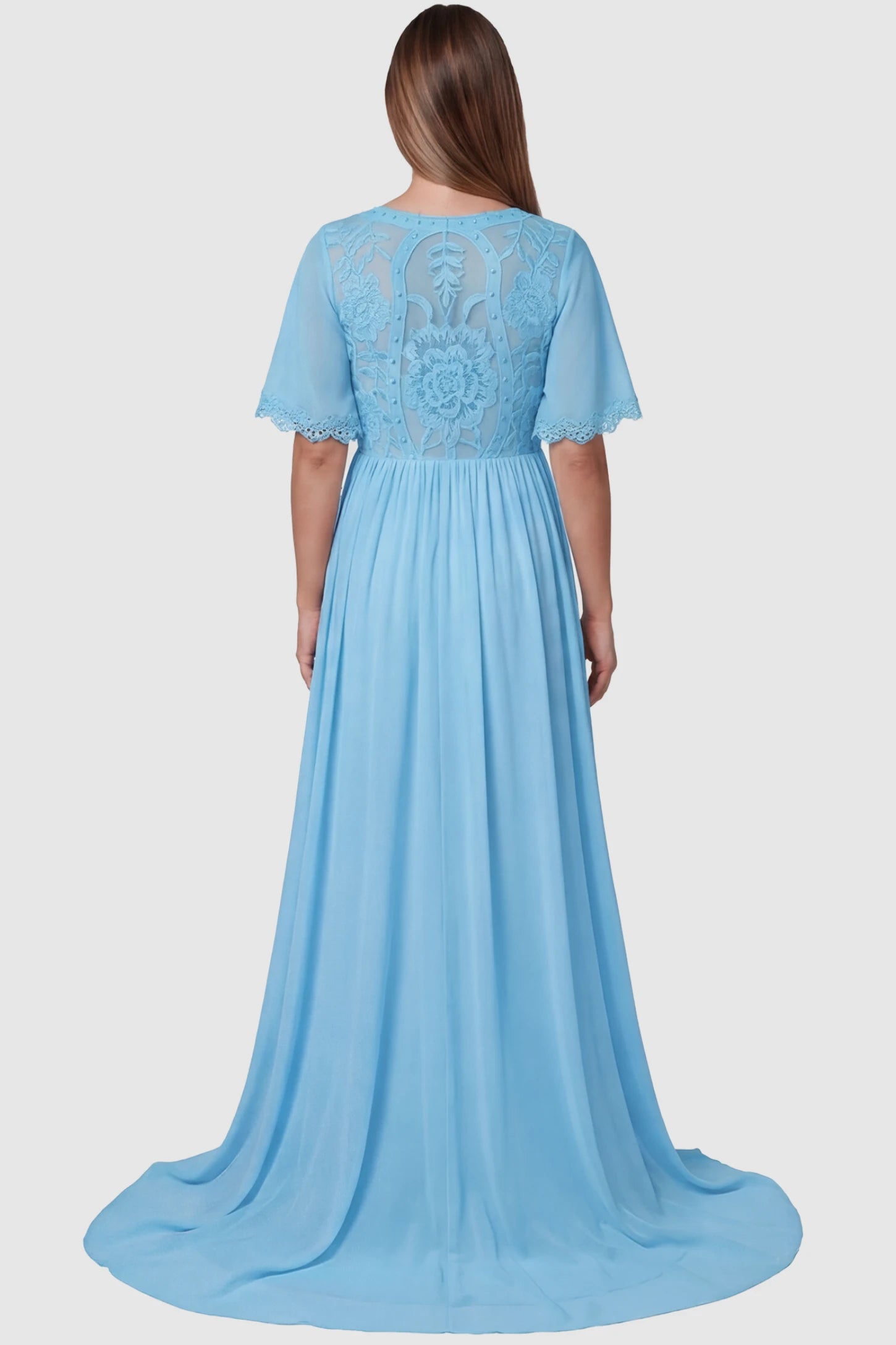 Lace Embroidered Short Flutter Sleeve Maternity Gown Lace embroidered short flutter sleeve maternity gown in sky blue with delicate lace embroidery & flutter sleeves, back view on pregnant model