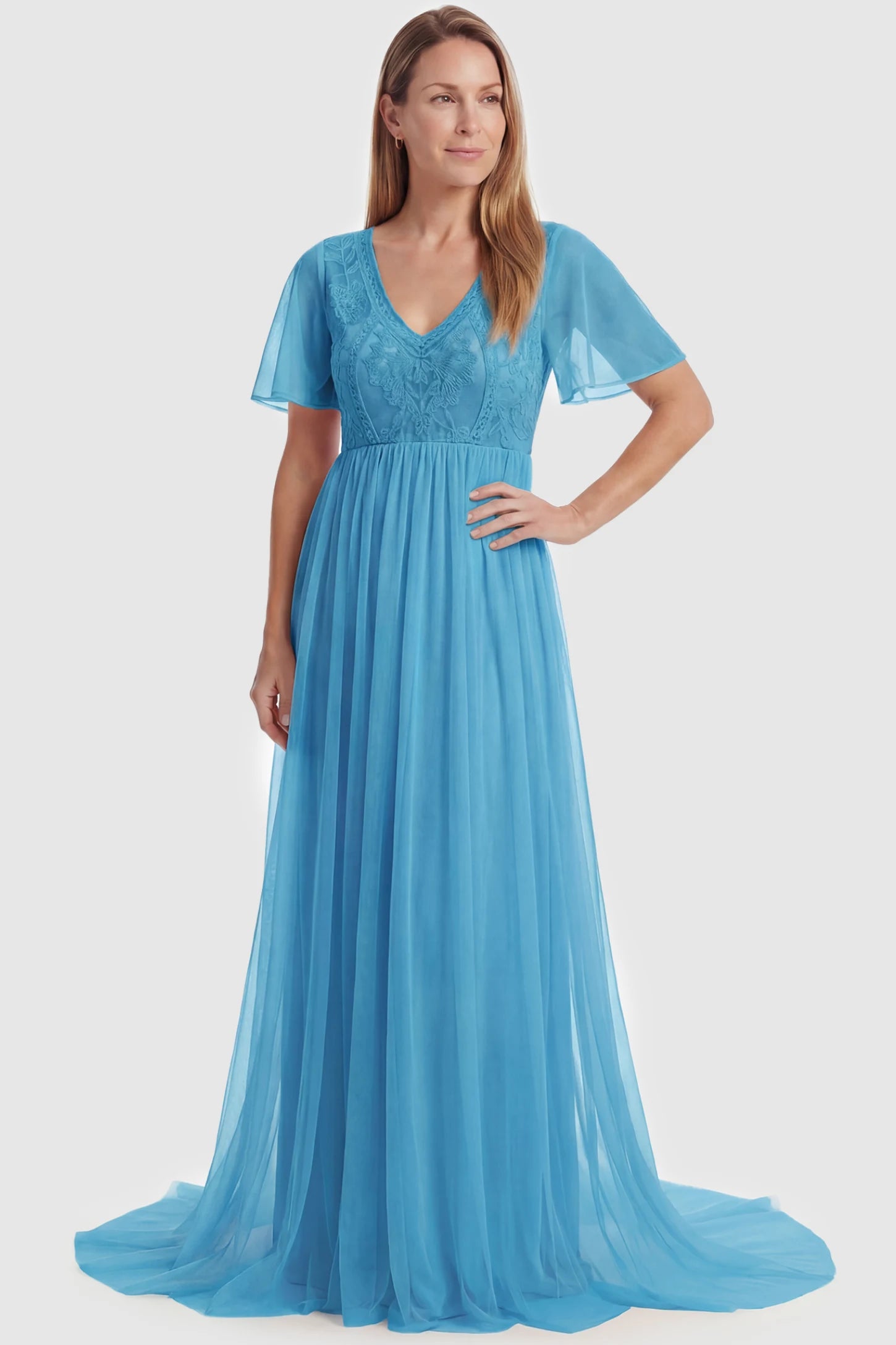 Lace Embroidered Short Flutter Sleeve Maxi Maternity Gown Lace embroidered short flutter sleeve maxi maternity gown in sky blue featuring delicate lace embroidery in front view on a postpartum model
