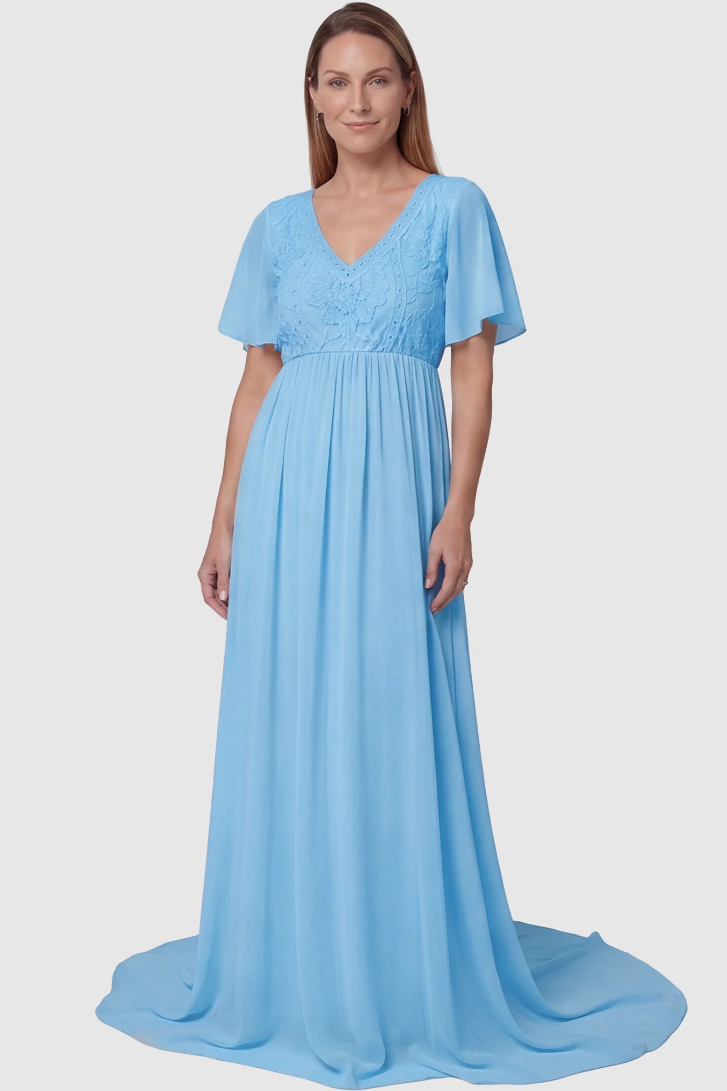 Lace Embroidered Short Flutter Sleeve Maternity Gown Lace embroidered short flutter sleeve maternity gown in sky blue with delicate lace embroidery & flutter sleeves, front view on postpartum model