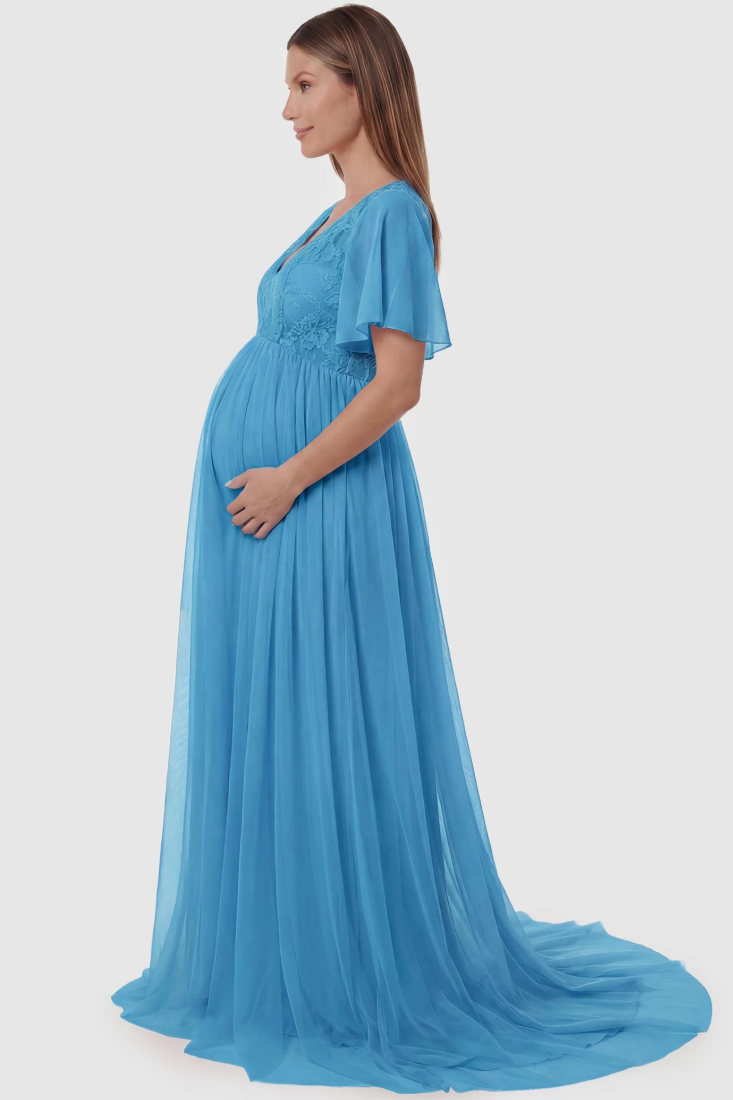 Lace Embroidered Short Flutter Sleeve Maxi Maternity Gown Lace embroidered short flutter sleeve maxi maternity gown in sky blue featuring graceful long-train design in side view on a pregnant model