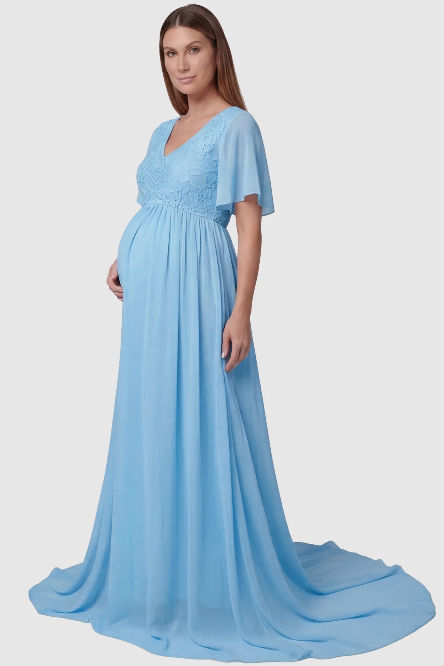 Lace Embroidered Short Flutter Sleeve Maternity Gown Lace embroidered short flutter sleeve maternity gown in sky blue with delicate lace embroidery & flutter sleeves, side view on pregnant model