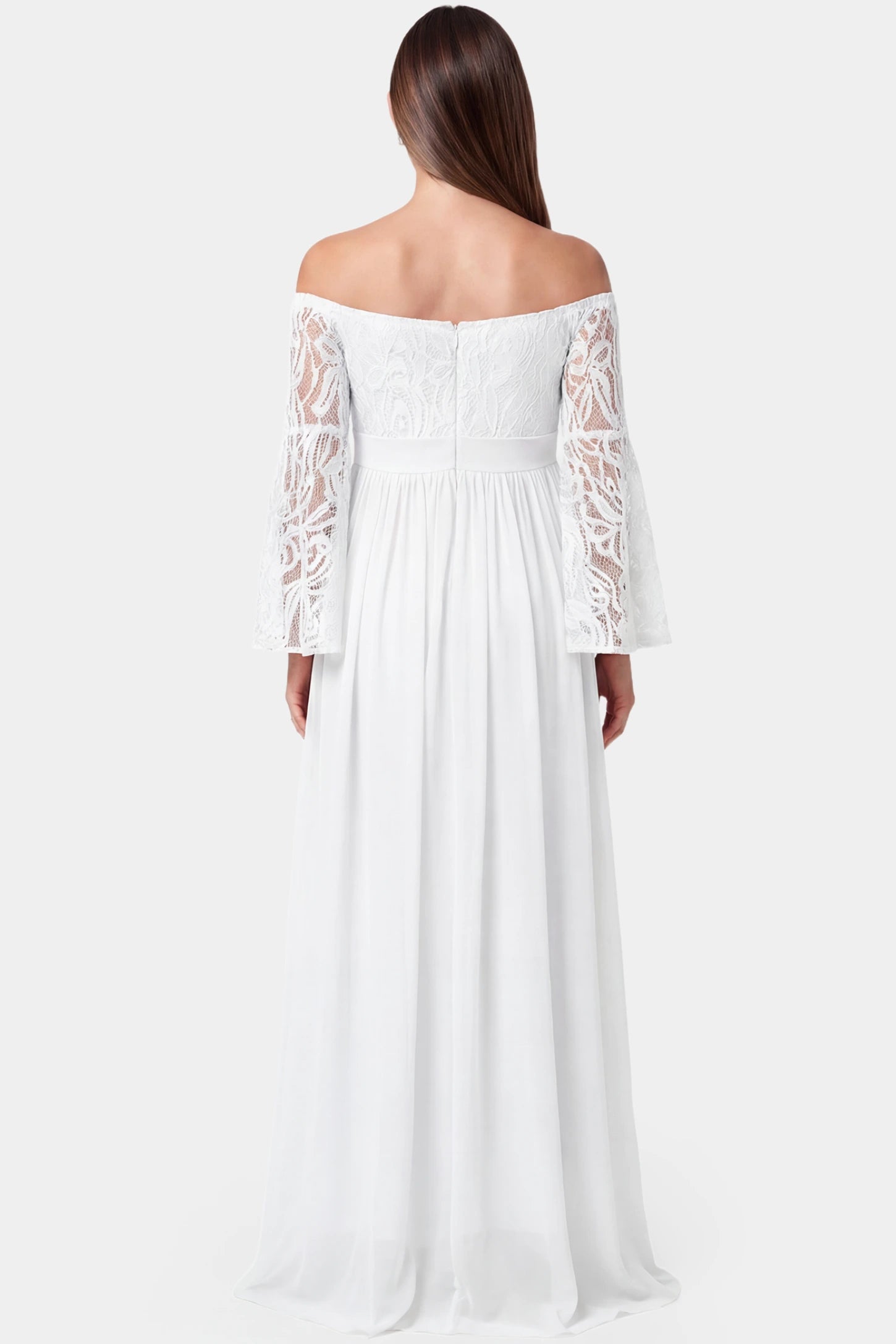 Lace-Spliced Off-Shoulder Flutter Sleeve Maxi Maternity Dress Lace-spliced off-shoulder flutter sleeve maxi maternity dress in white featuring flutter sleeve design in back view on a pregnant model