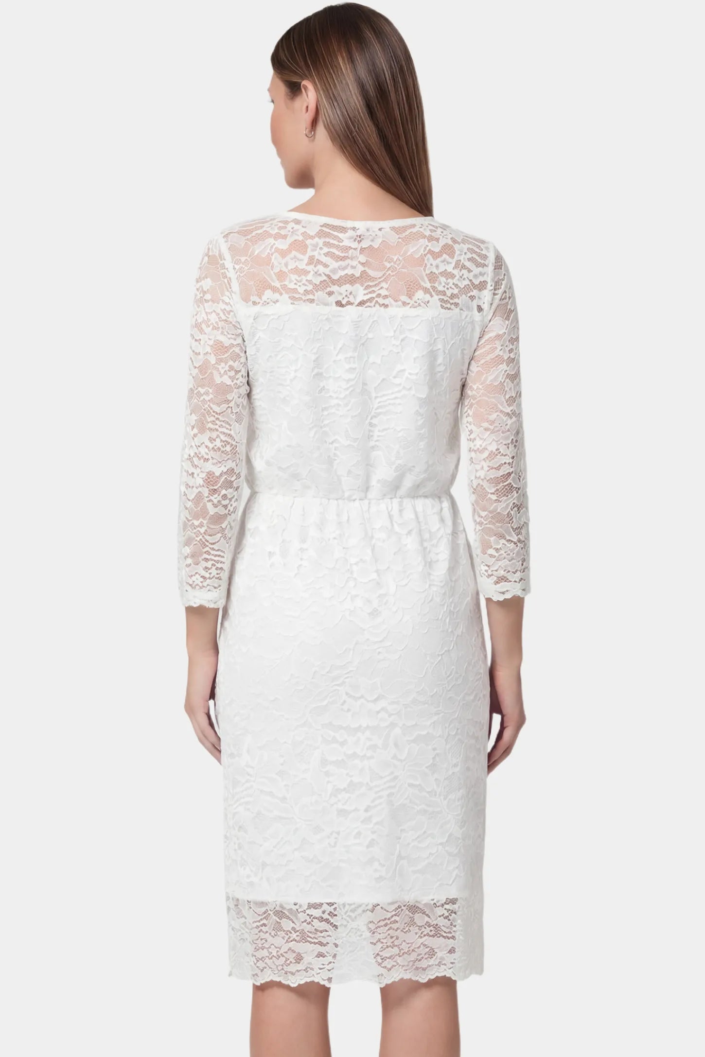 Lace Mid-Length Sleeve Midi Maternity & Nursing Dress Lace mid-length sleeve midi maternity and nursing dress in white featuring mid-length sleeves in back view on a pregnant model