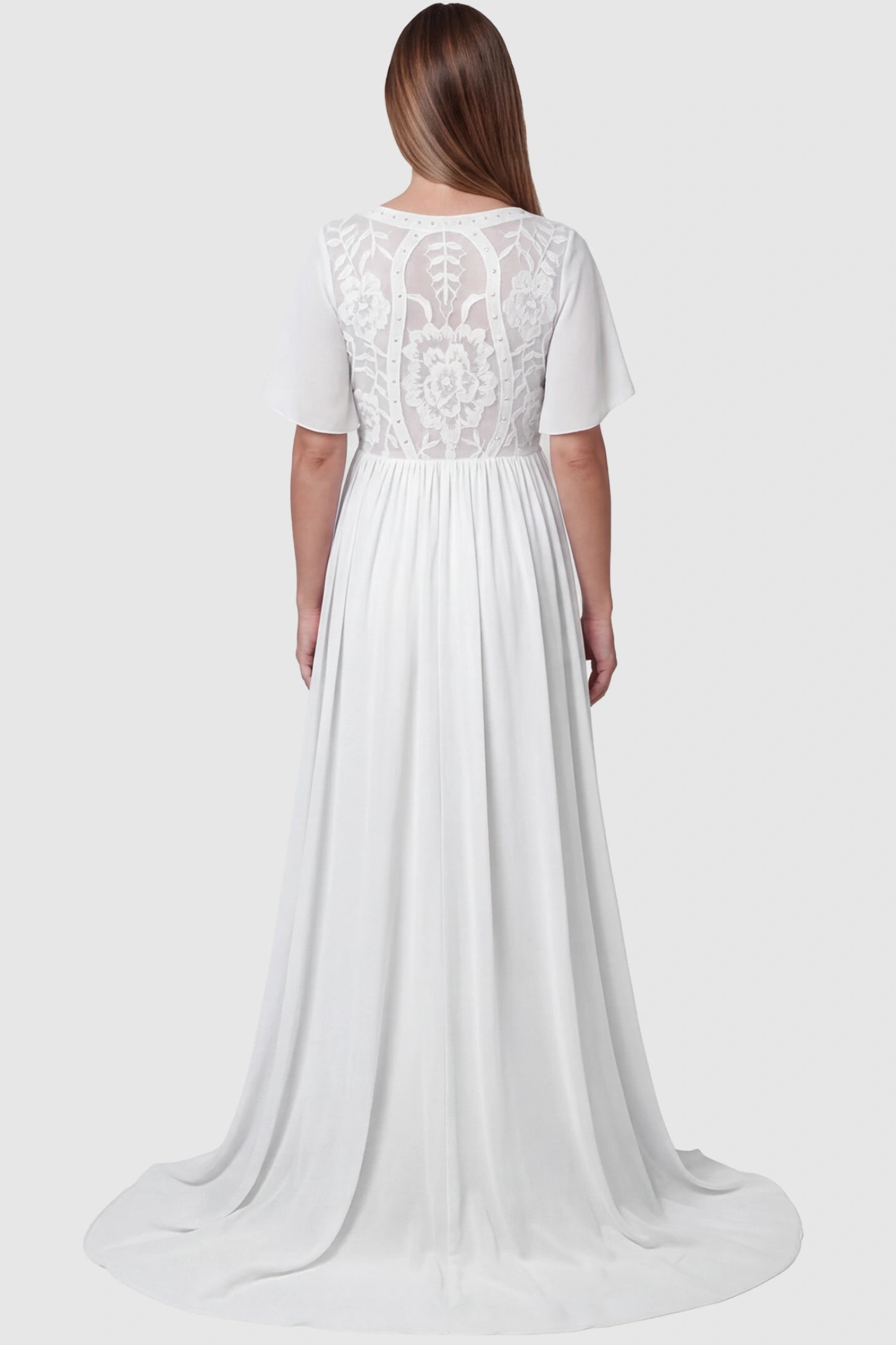 Lace Embroidered Short Flutter Sleeve Maternity Gown Lace embroidered short flutter sleeve maternity gown in white with delicate lace embroidery & flutter sleeves, back view on pregnant model