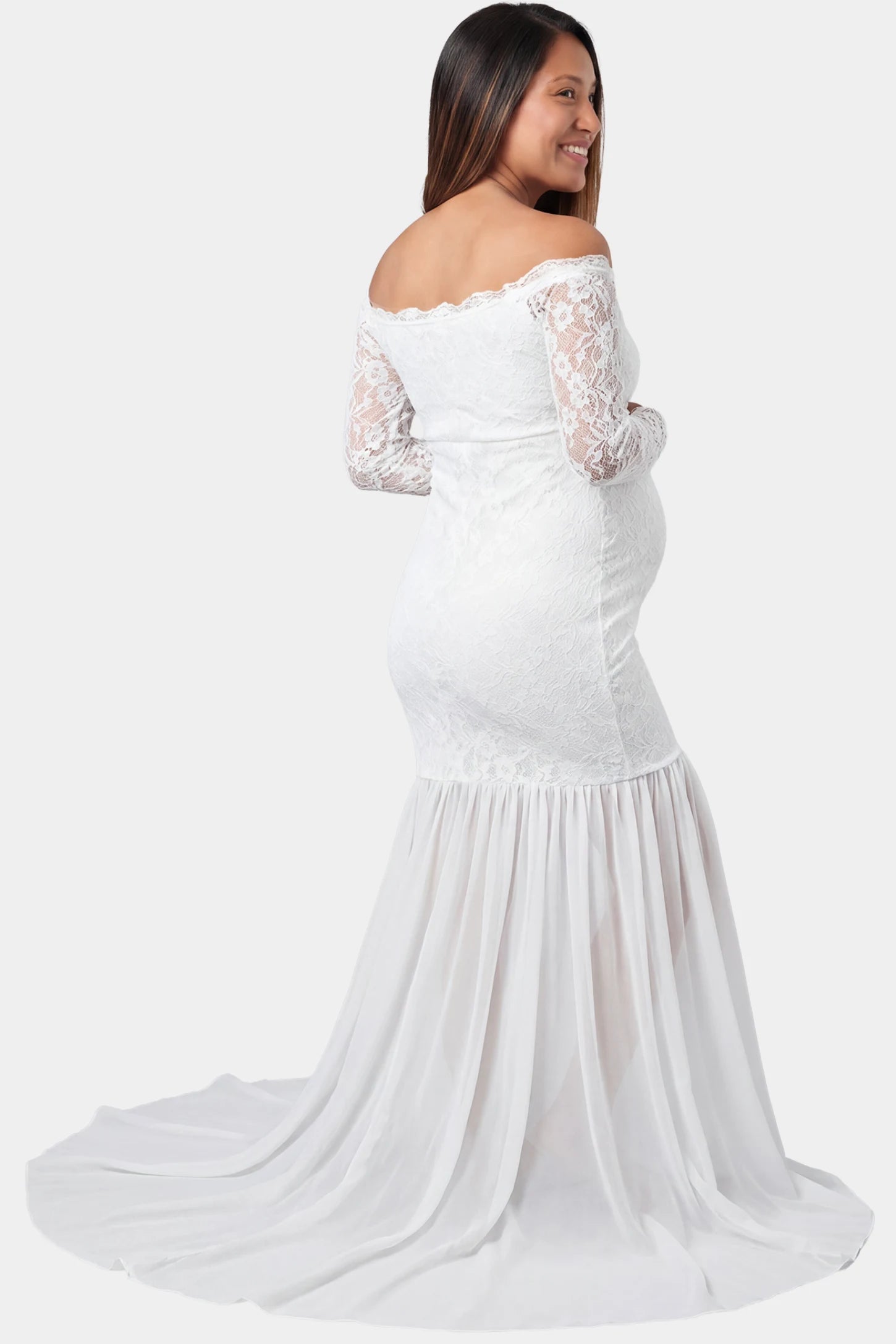 Lace-Spliced Off-Shoulder Long Sleeve Maxi Maternity Gown Lace-spliced off-shoulder long sleeve maxi maternity gown in white featuring lace chiffon detailing in back view on a pregnant model