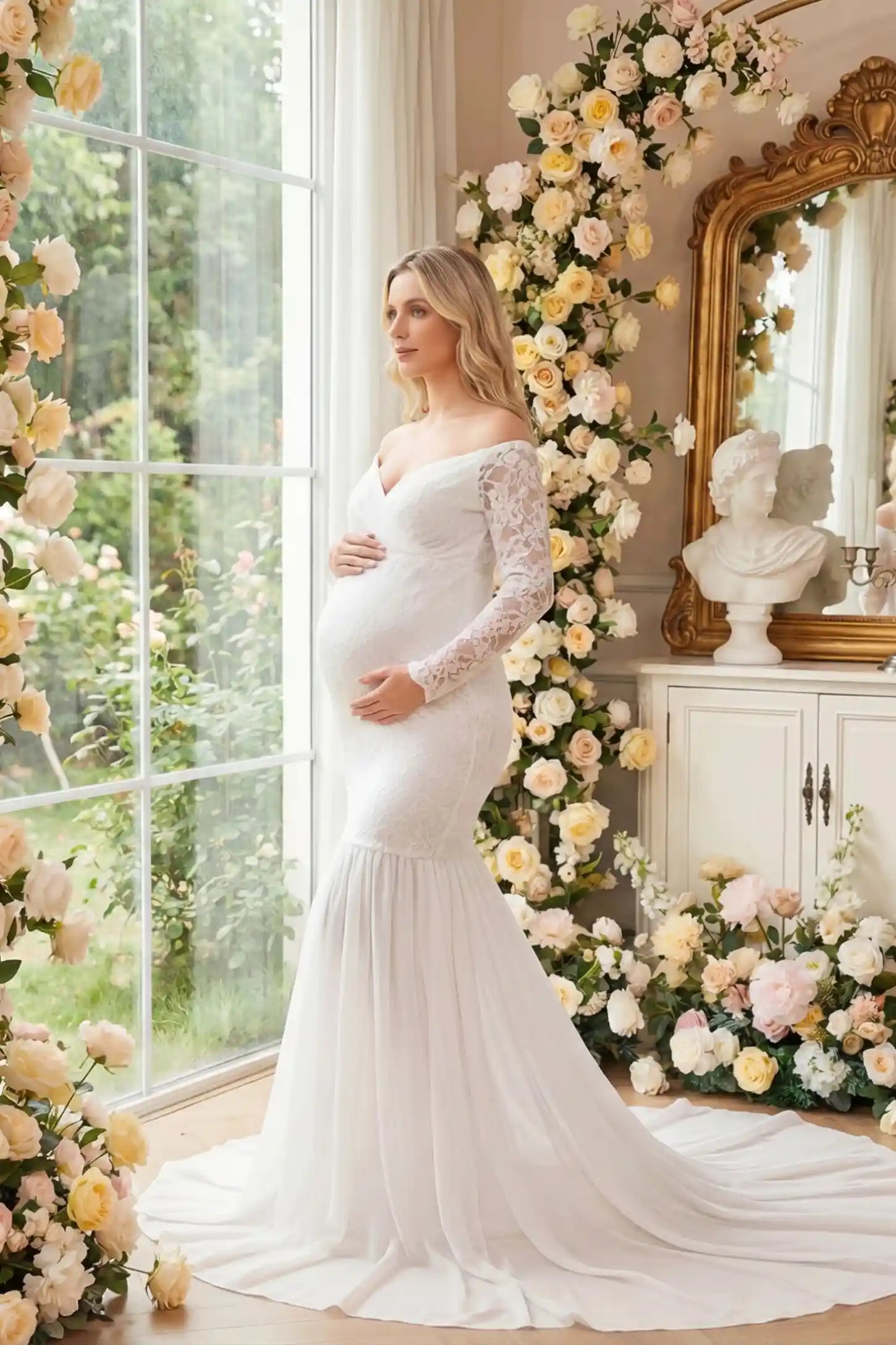 Lace-spliced off-shoulder long sleeve maxi maternity gown in white featuring lace long-sleeves in side view on a editorial lifestyle model