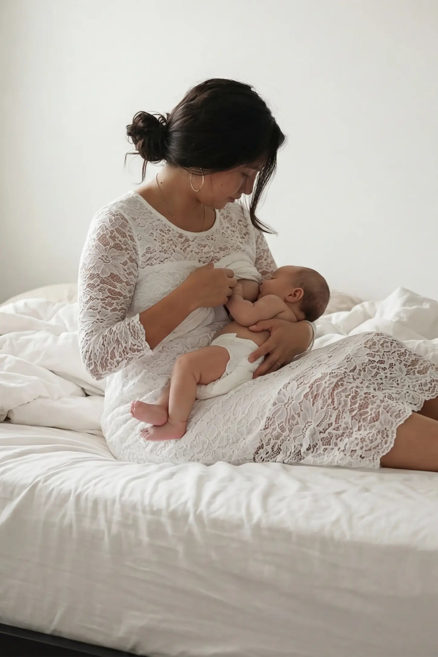 Lace Mid-Length Sleeve Midi Maternity & Nursing Dress Lace mid-length sleeve midi maternity and nursing dress in white featuring concealed nursing opening in front view on a editorial lifestyle model