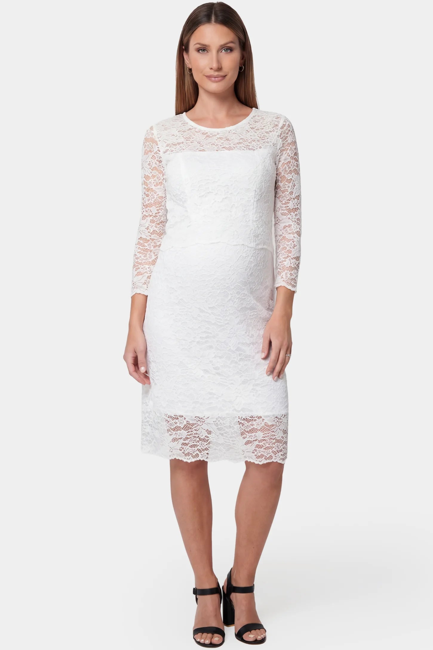 Lace Mid-Length Sleeve Midi Maternity & Nursing Dress Lace mid-length sleeve midi maternity and nursing dress in white featuring elegant silhouette in full body view on a pregnant model