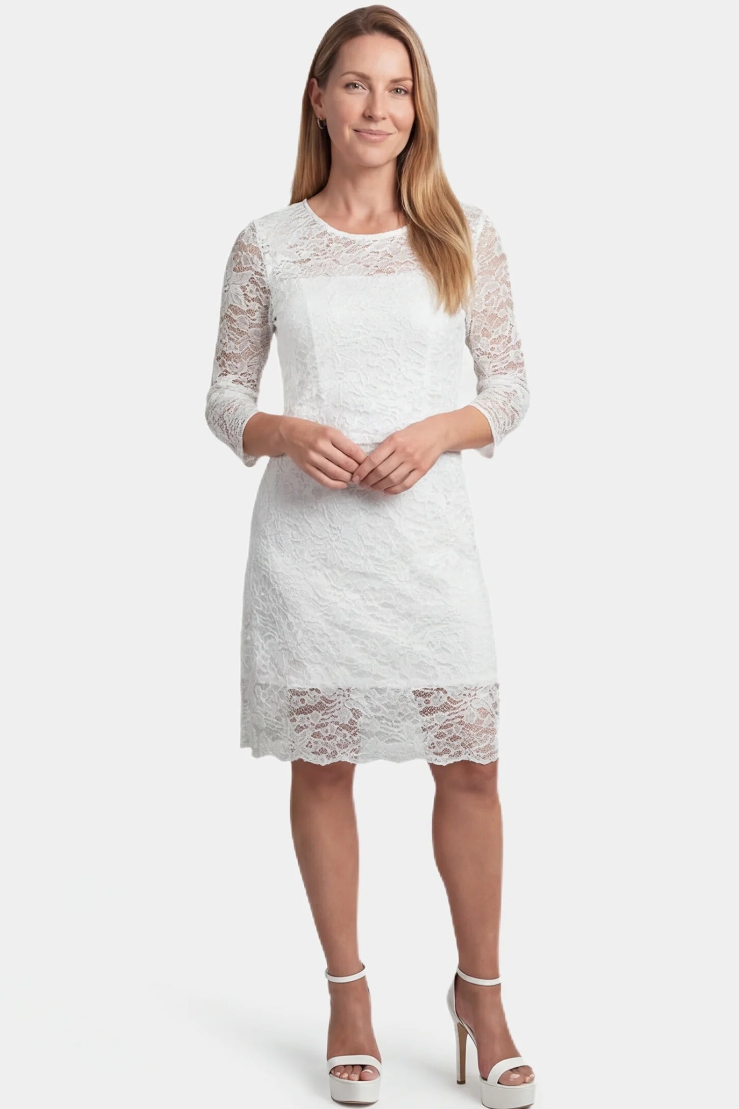 Lace Mid-Length Sleeve Midi Maternity & Nursing Dress Lace mid-length sleeve midi maternity and nursing dress in white featuring refined lace detailing in front view on a postpartum model
