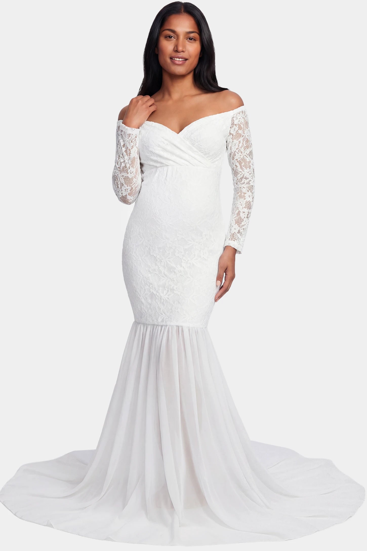 Lace-Spliced Off-Shoulder Long Sleeve Maxi Maternity Gown Lace-spliced off-shoulder long sleeve maxi maternity gown in white featuring refined off-shoulder neckline in front view on a postpartum model