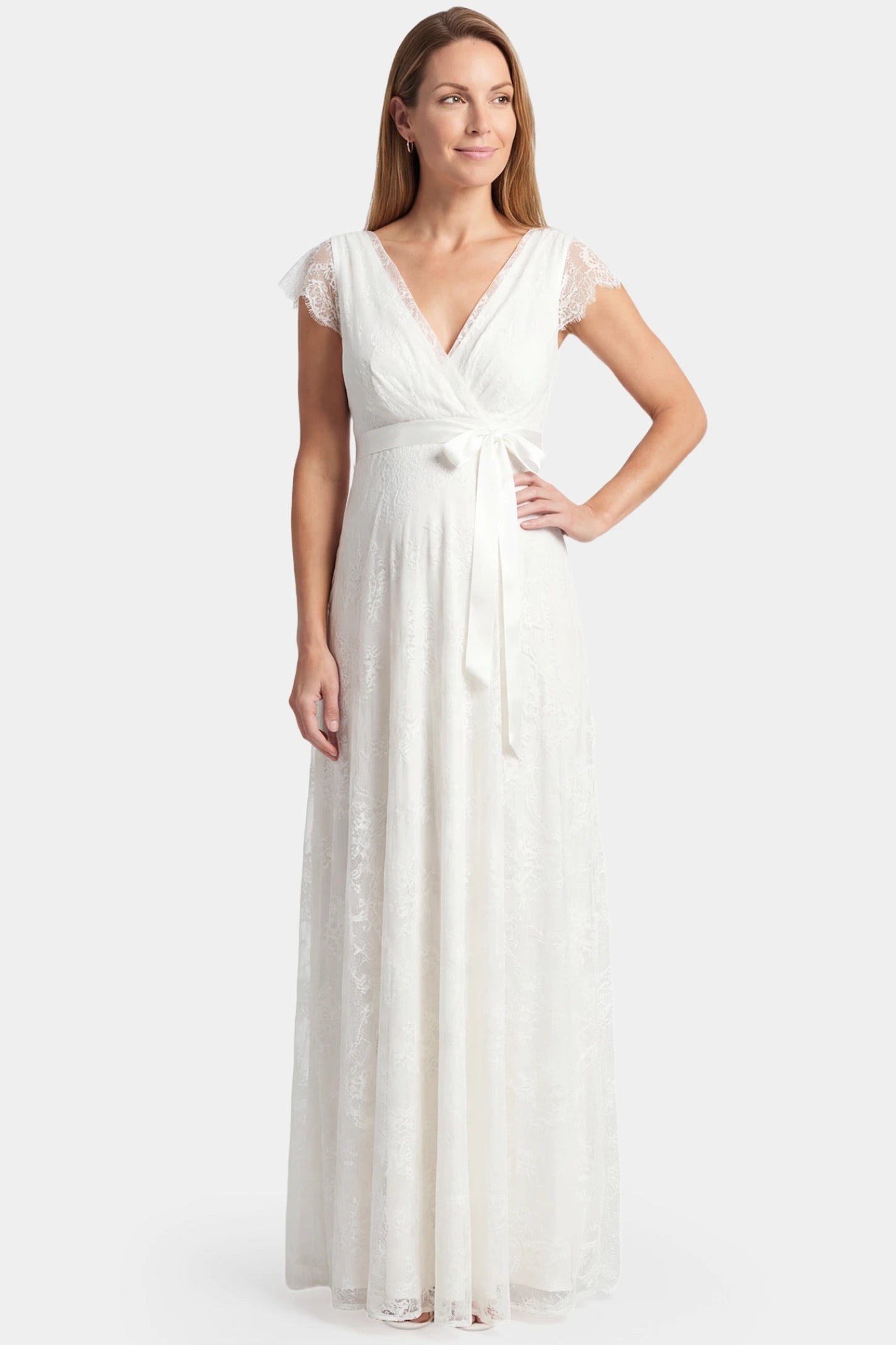 Lace Flutter Sleeve V-neck Maxi Maternity Dress Lace flutter sleeve V-neck maxi maternity dress in white featuring V-neckline and lace splicing in front view on a postpartum model