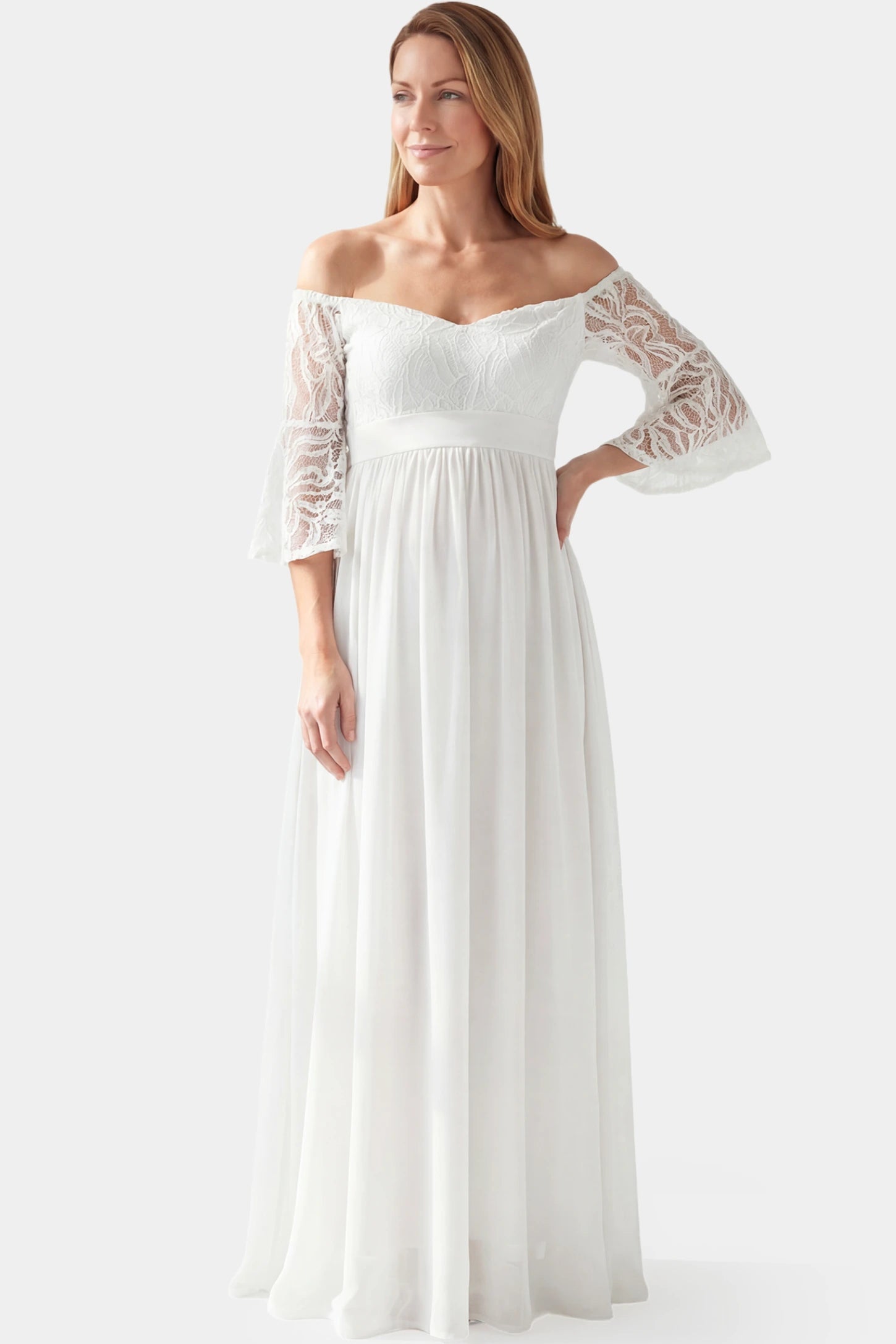 Lace-Spliced Off-Shoulder Flutter Sleeve Maxi Maternity Dress Lace-spliced off-shoulder flutter sleeve maxi maternity dress in white featuring romantic lace detailing and off-shoulder in front view on a postpartum model