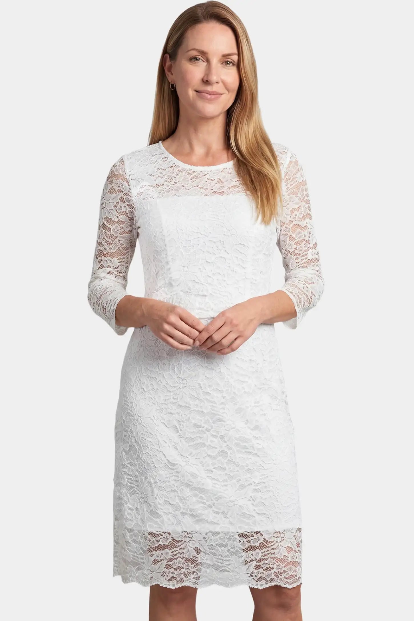 Lace Mid-Length Sleeve Midi Maternity & Nursing Dress Lace mid-length sleeve midi maternity and nursing dress in white featuring refined lace detailing in front view on a postpartum model