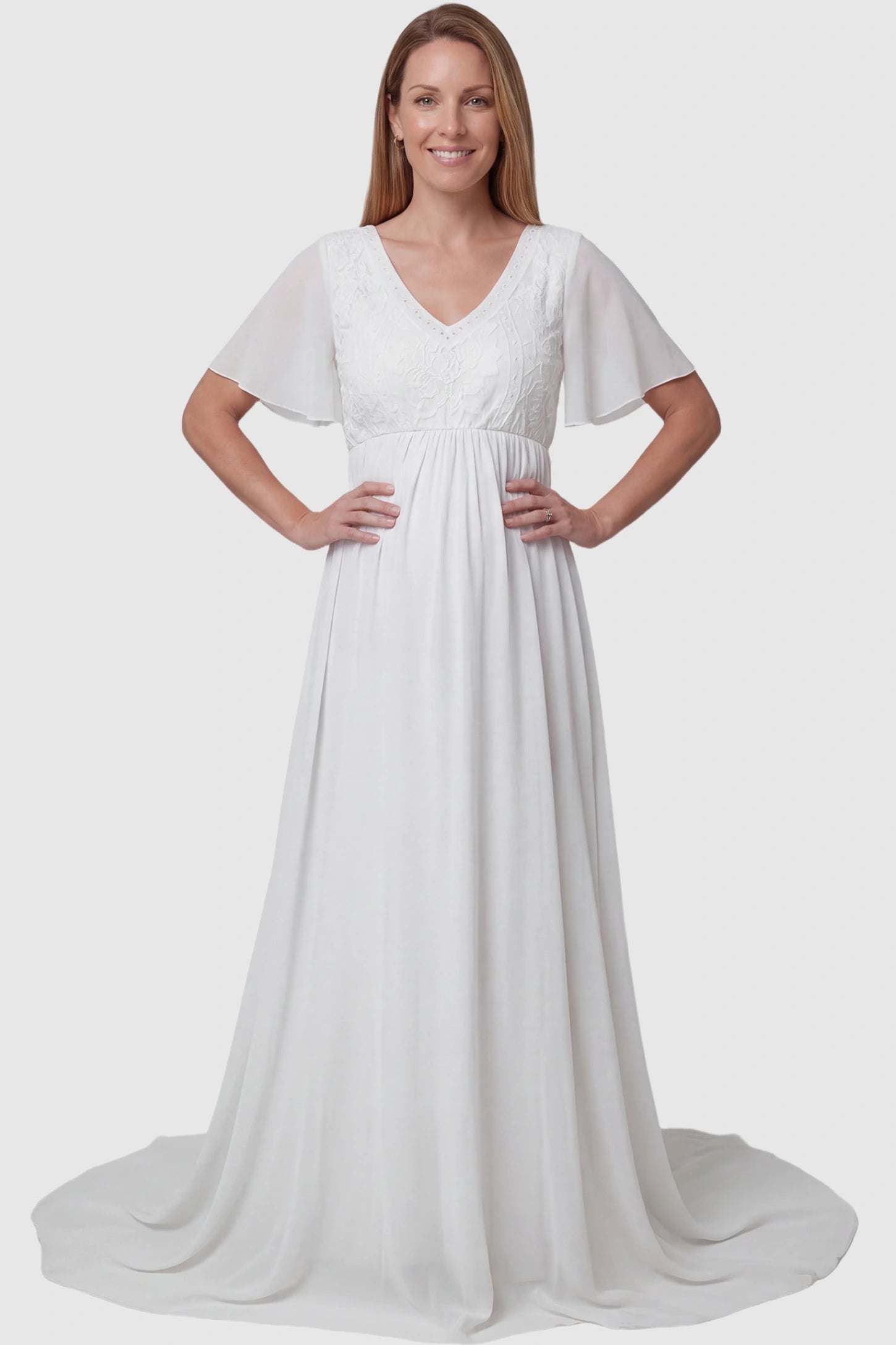 Lace Embroidered Short Flutter Sleeve Maternity Gown Lace embroidered short flutter sleeve maternity gown in white with delicate lace embroidery & flutter sleeves, front view on postpartum model