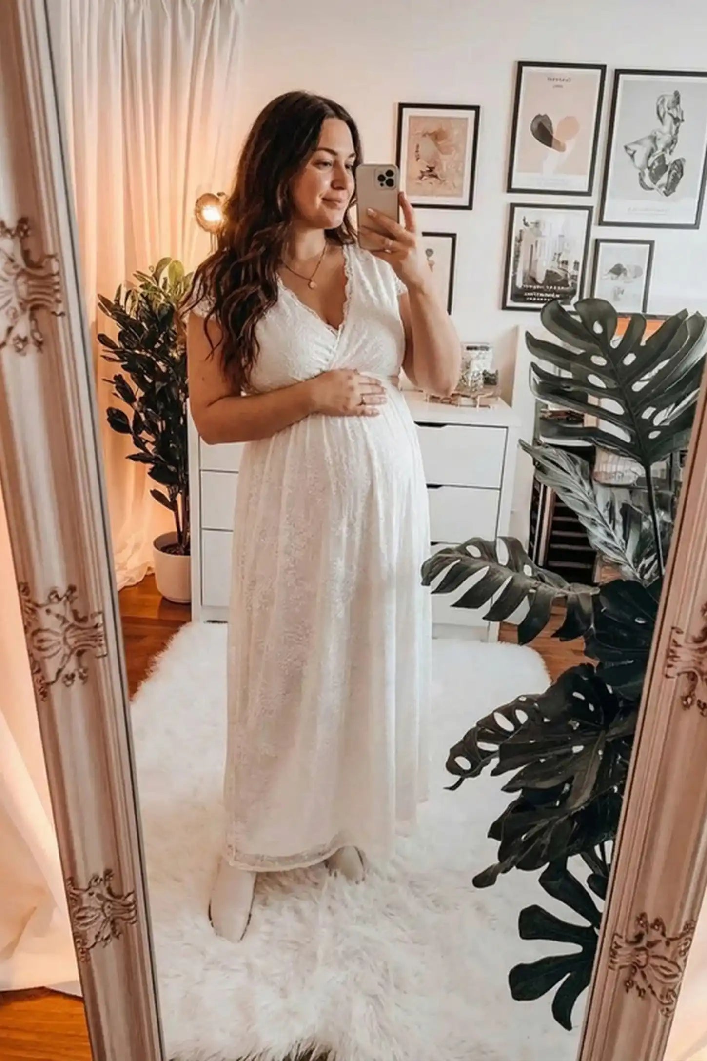 Lace Flutter Sleeve V-neck Maxi Maternity Dress Lace flutter sleeve V-neck maxi maternity dress in white with elegant lace craftsmanship, on UGC model