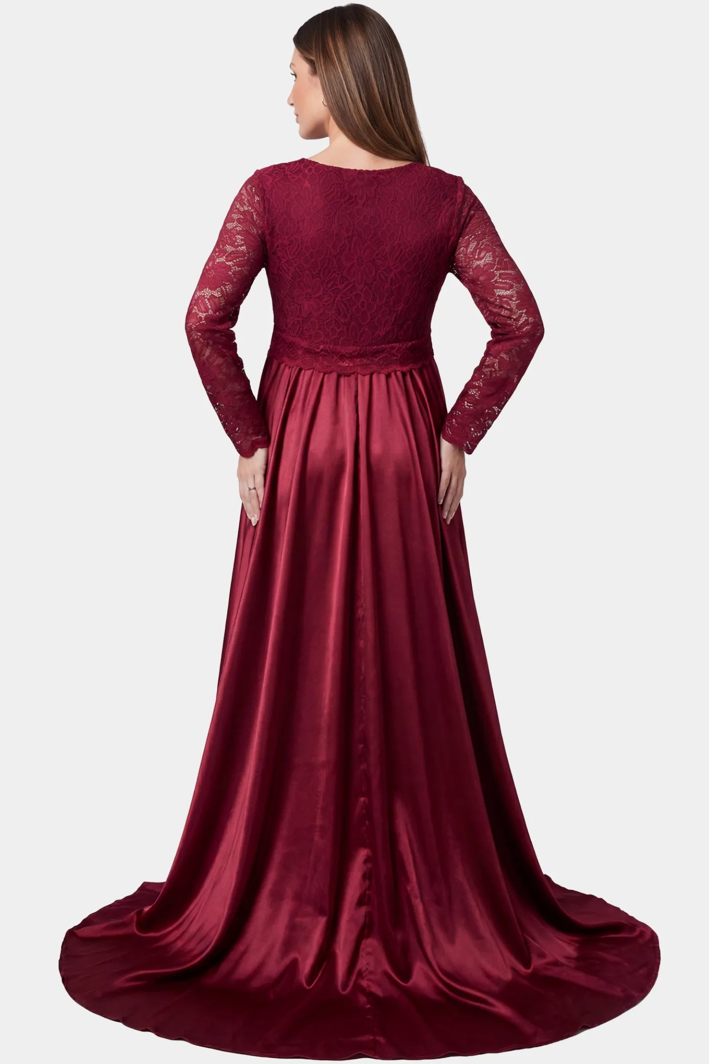 Lace-Spliced Silk Long Sleeve Maxi Maternity Dress Lace-spliced silk long sleeve maxi maternity dress in wine red featuring trailing skirt in full body back view on a pregnant model