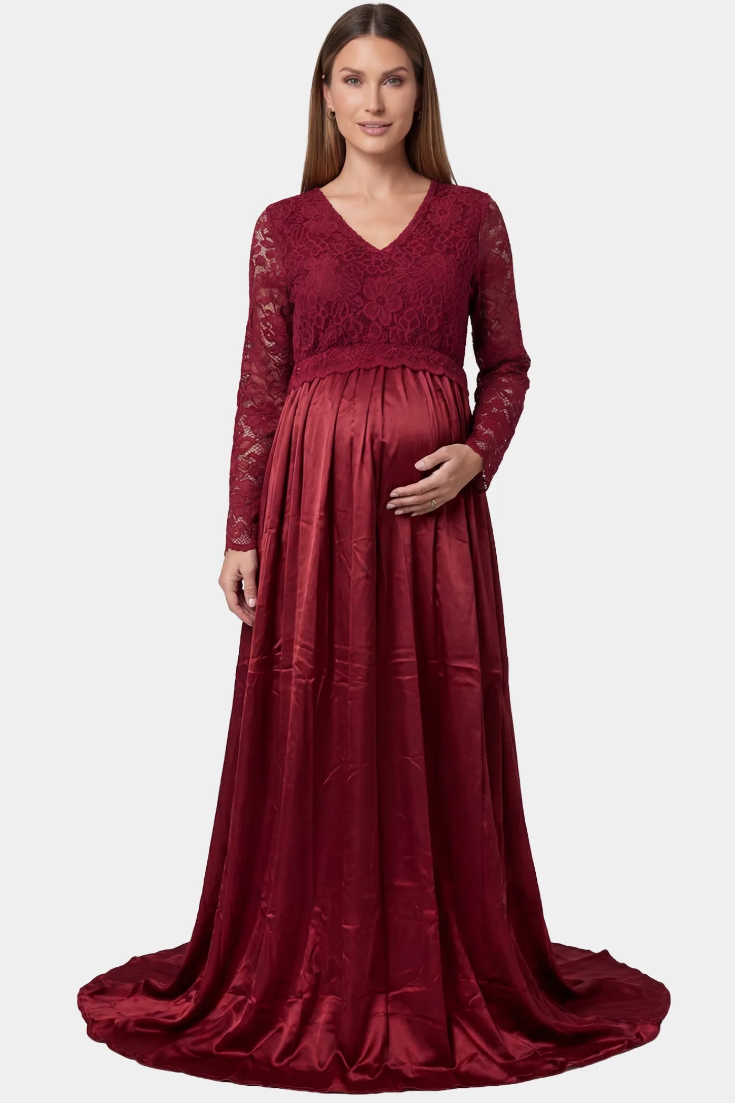 Lace-Spliced Silk Long Sleeve Maxi Maternity Dress Lace-spliced silk long sleeve maxi maternity dress in wine red featuring trailing skirt in full body front view on a pregnant model