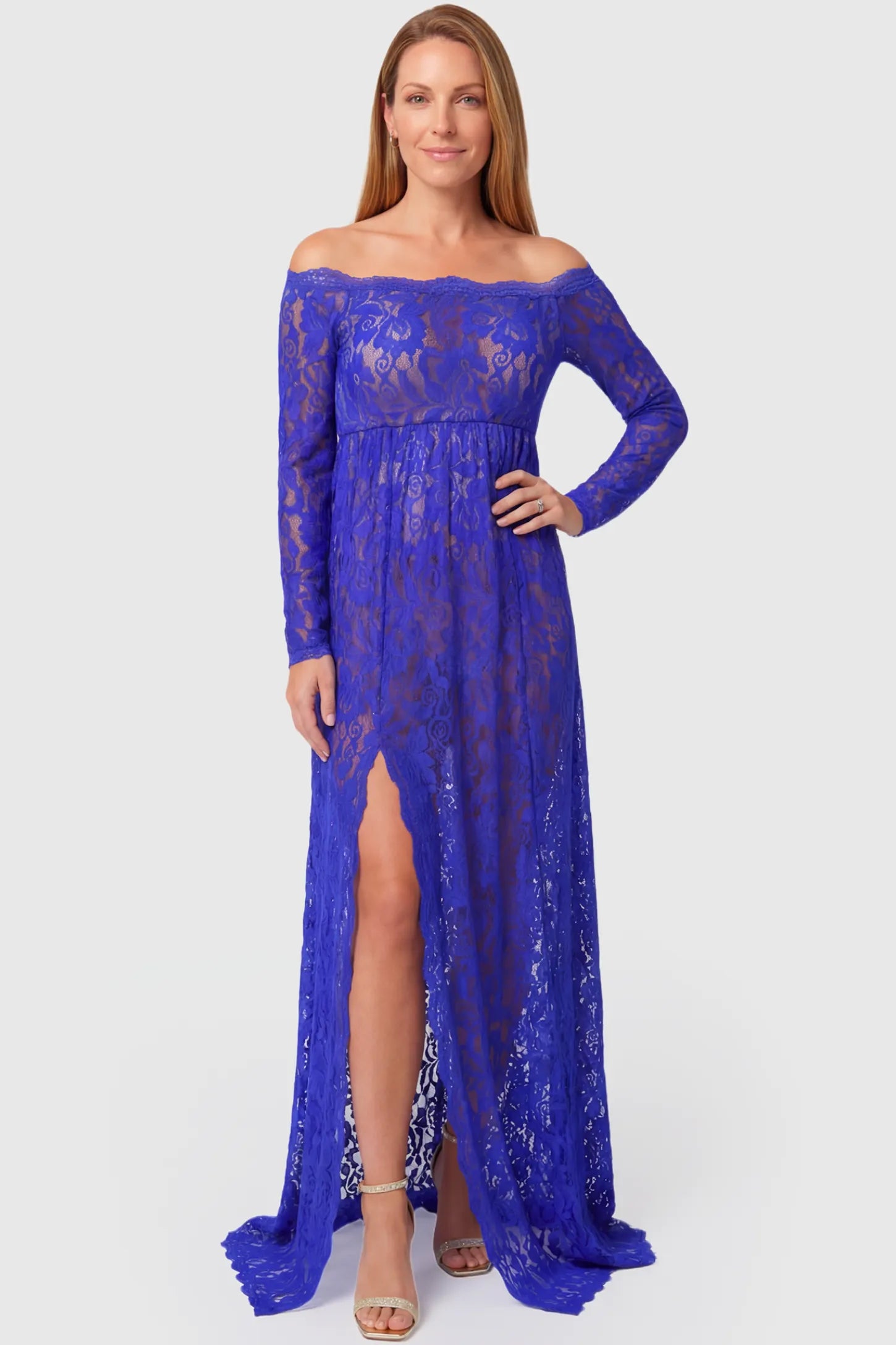 Lace Long Sleeve Maternity Gown Lace Long Sleeve Maternity Gown in blue featuring off-shoulder scalloped lace trim neckline and sweep train on non pregnant model.