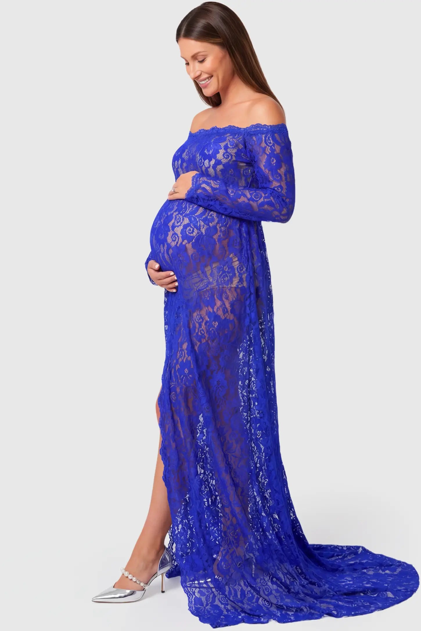 Lace Long Sleeve Maternity Gown in blue featuring off-shoulder scalloped lace trim neckline and sweep train on pregnant model.