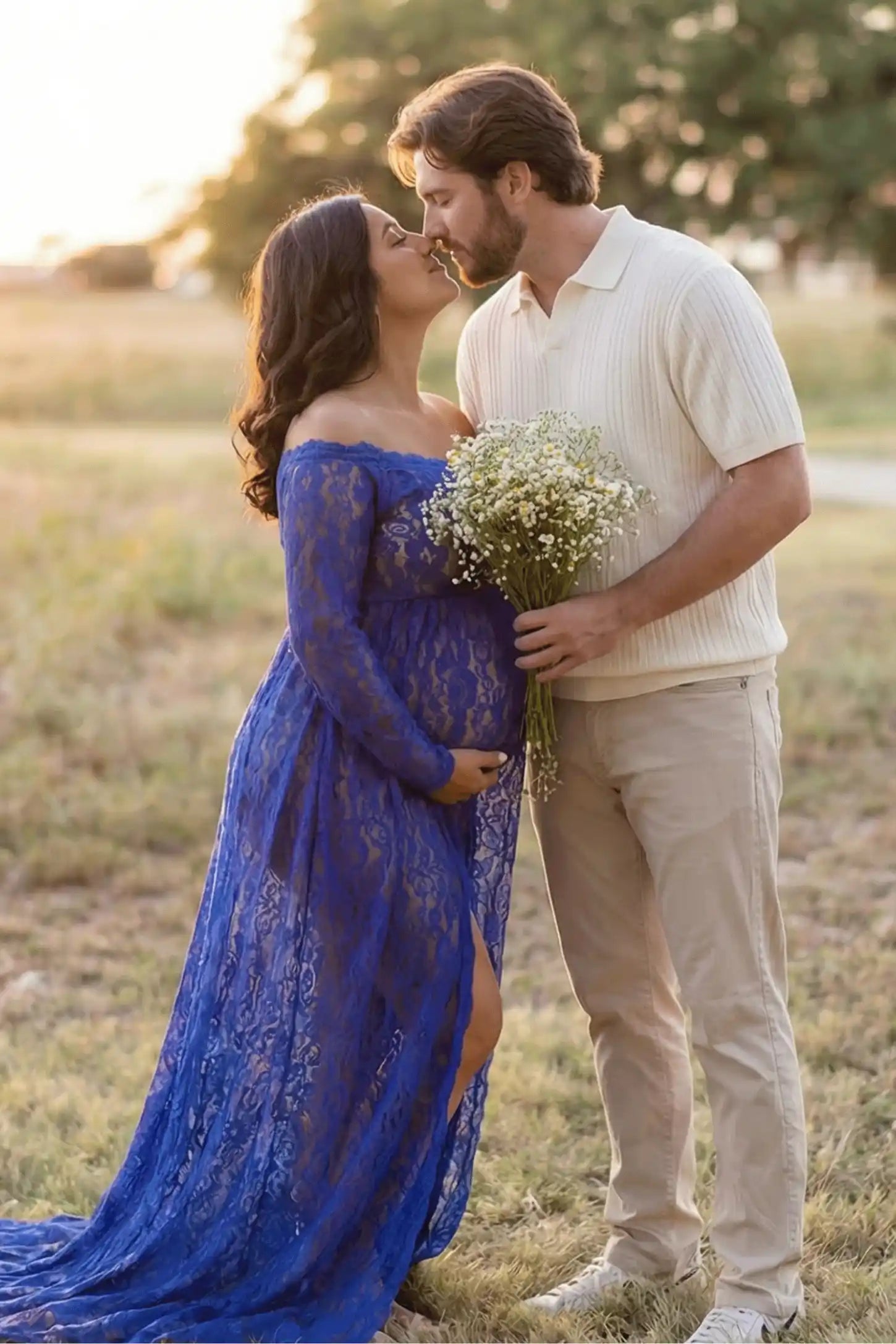 Lace Long Sleeve Maternity Photoshoot Gown Lace Long Sleeve Maternity Gown in blue featuring off-shoulder scalloped lace trim neckline and sweep train on pregnant model.