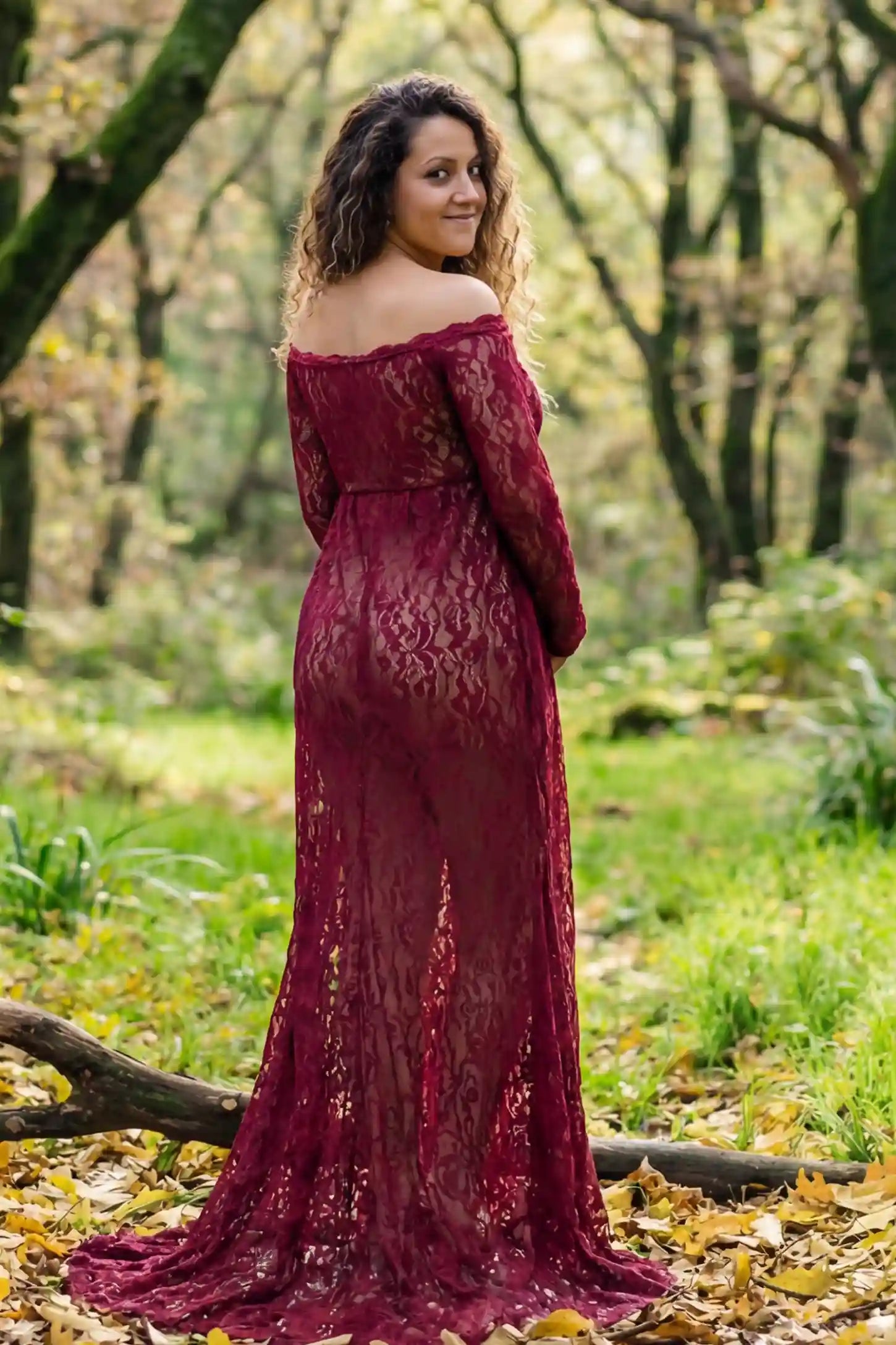 Lace Long Sleeve Maternity Photoshoot Gown Lace Long Sleeve Maternity Gown in burgundy featuring off-shoulder scalloped lace trim neckline and sweep train on pregnant model.