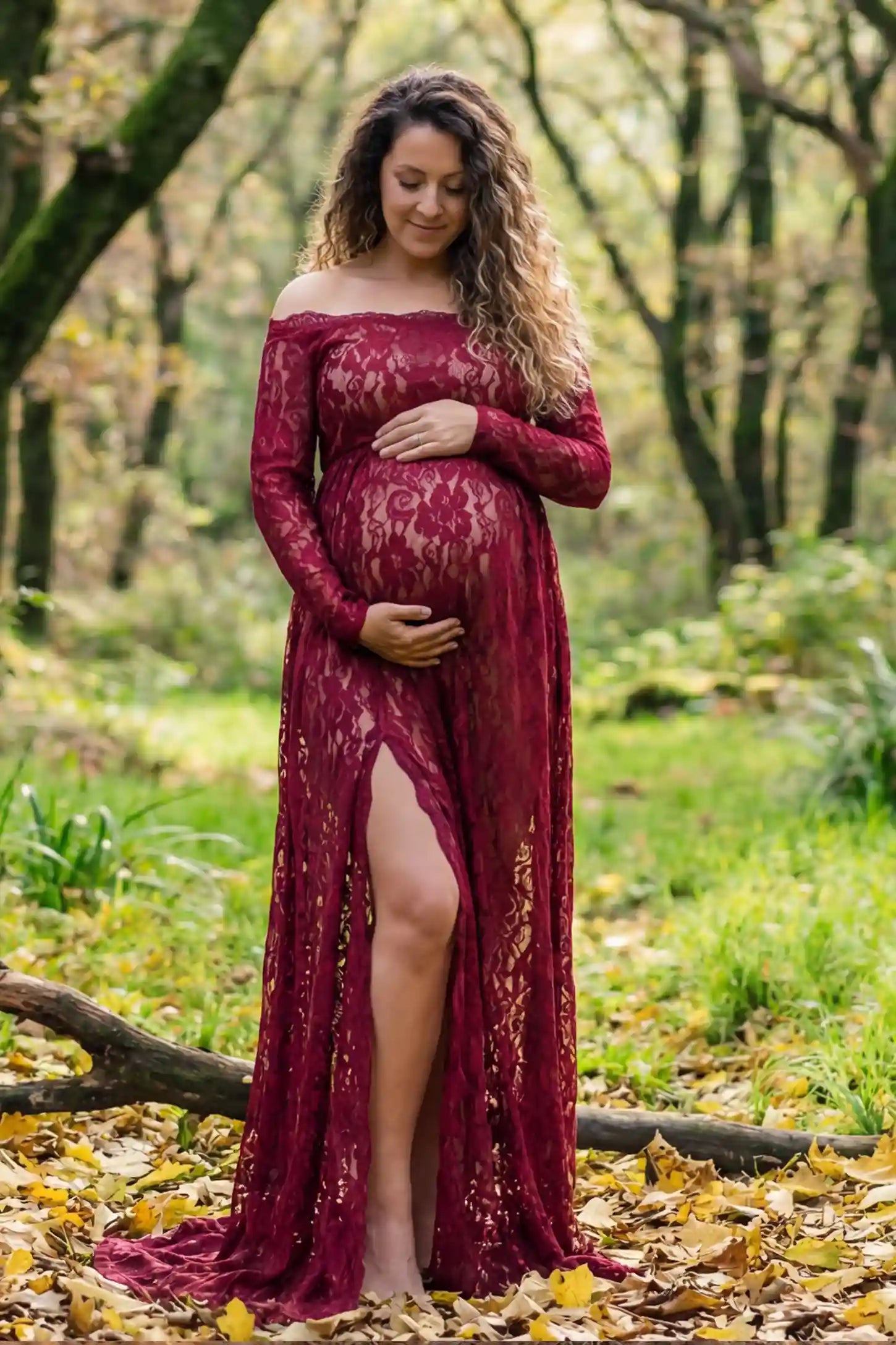 Lace Long Sleeve Maternity Photoshoot Gown Lace Long Sleeve Maternity Gown in burgundy featuring off-shoulder scalloped lace trim neckline and sweep train on pregnant model.