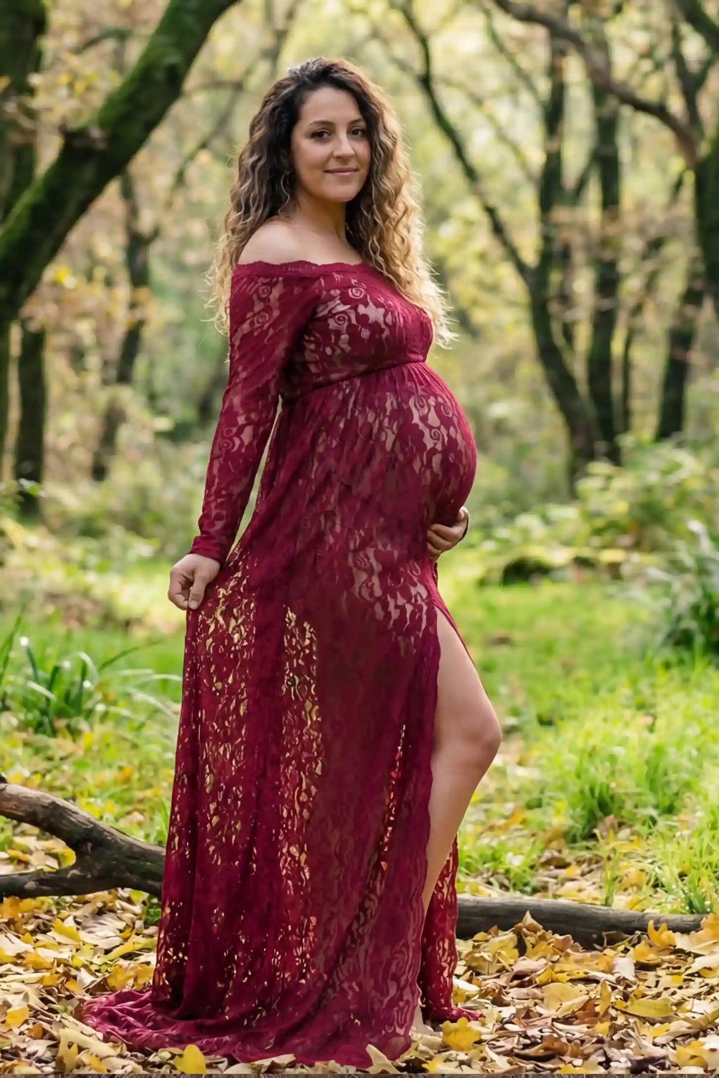 Lace Long Sleeve Maternity Photoshoot Gown Lace Long Sleeve Maternity Gown in burgundy featuring off-shoulder scalloped lace trim neckline and sweep train on pregnant model.