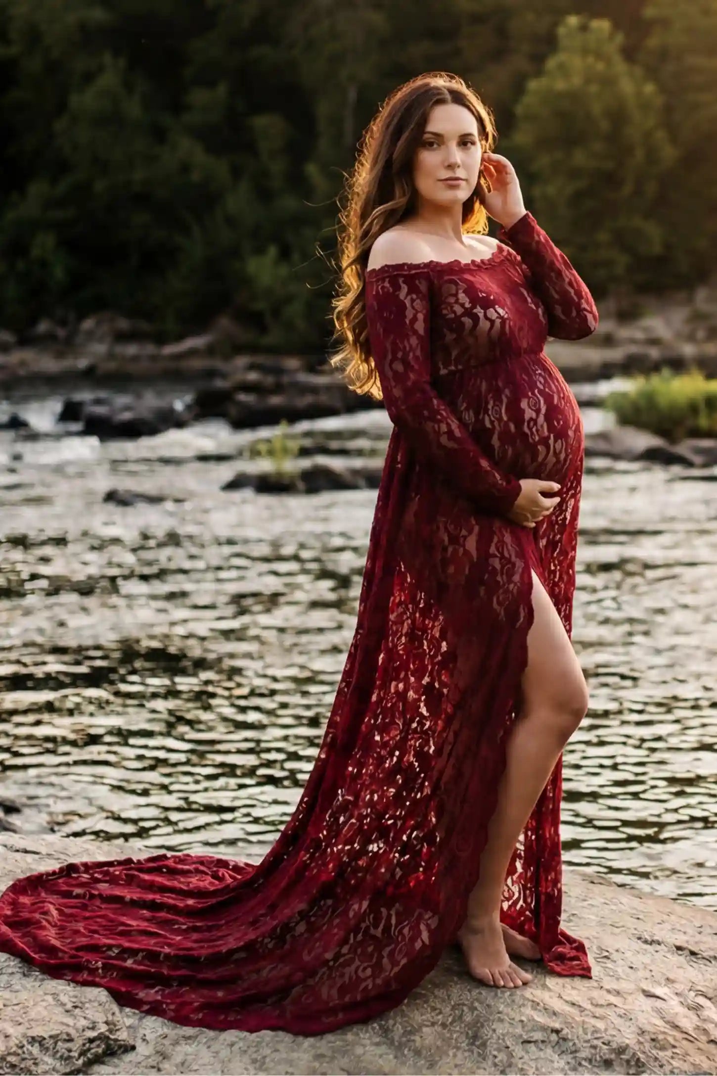 Lace Long Sleeve Maternity Photoshoot Gown Lace Long Sleeve Maternity Gown in burgundy featuring off-shoulder scalloped lace trim neckline and sweep train on pregnant model.